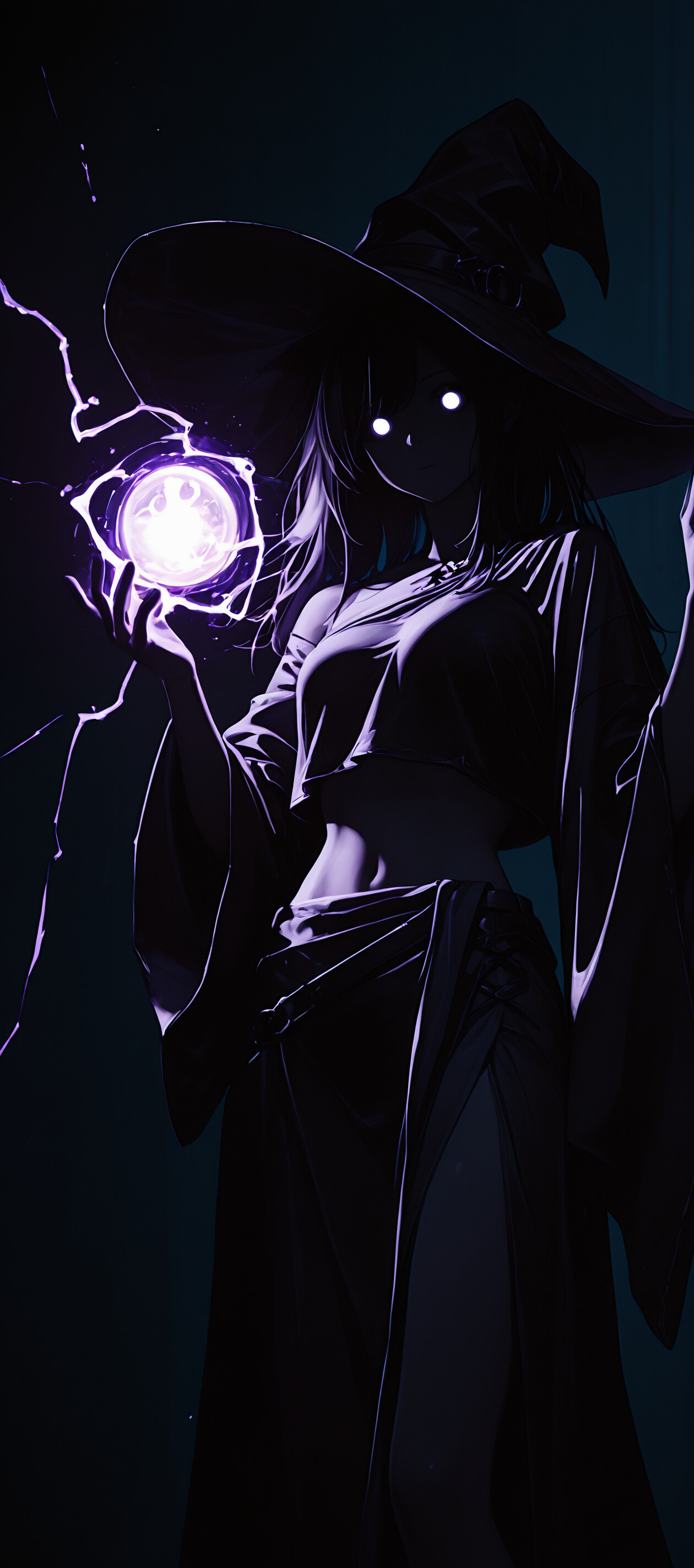 An anime-style witch with long dark hair and a large pointed hat stands in the dark. Her eyes glow, and she holds a crackling purple orb of lightning in her hand.