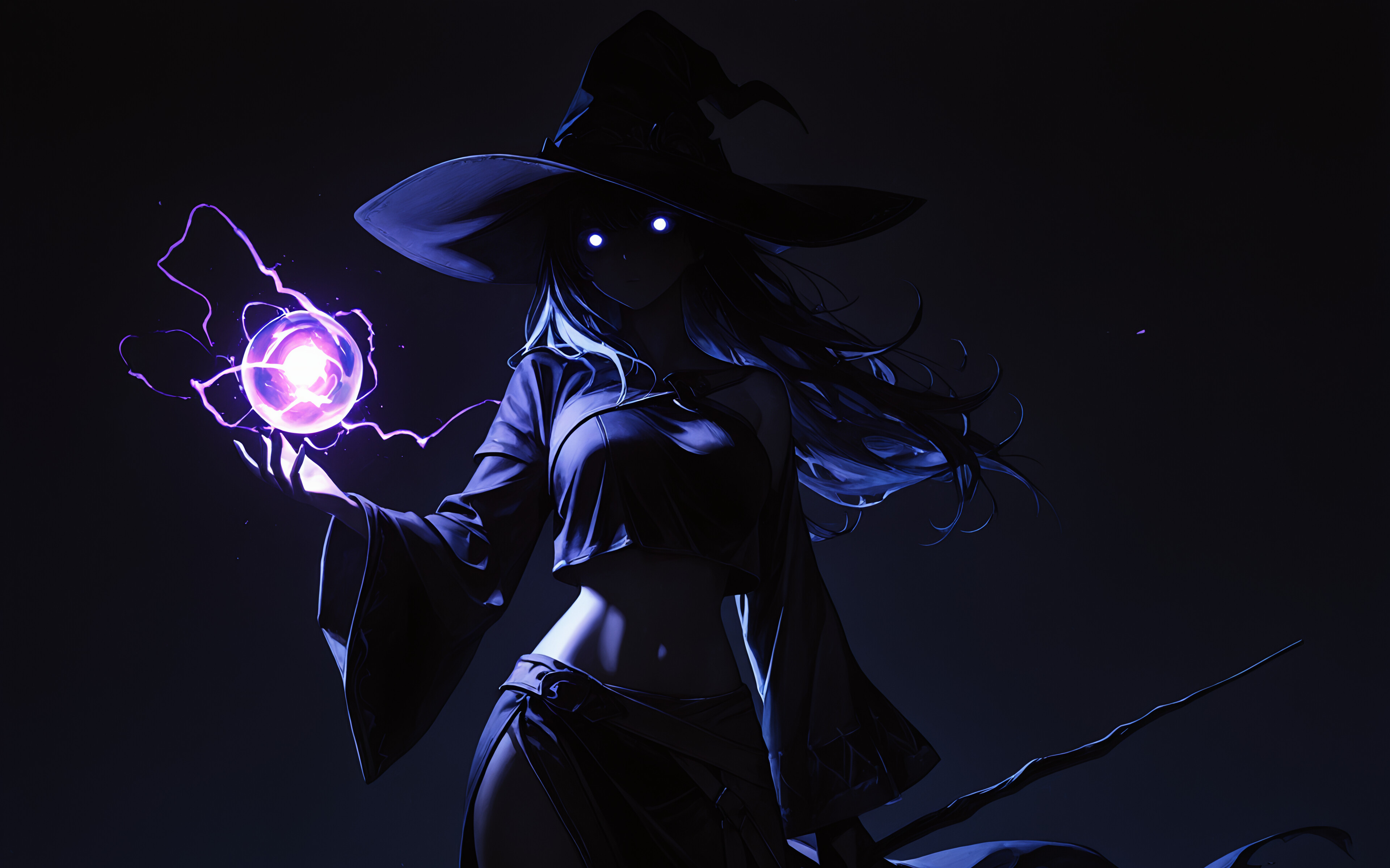 An anime-style witch with long dark hair and a large pointed hat stands in the dark. Her eyes glow, and she holds a crackling purple orb of lightning in her hand.