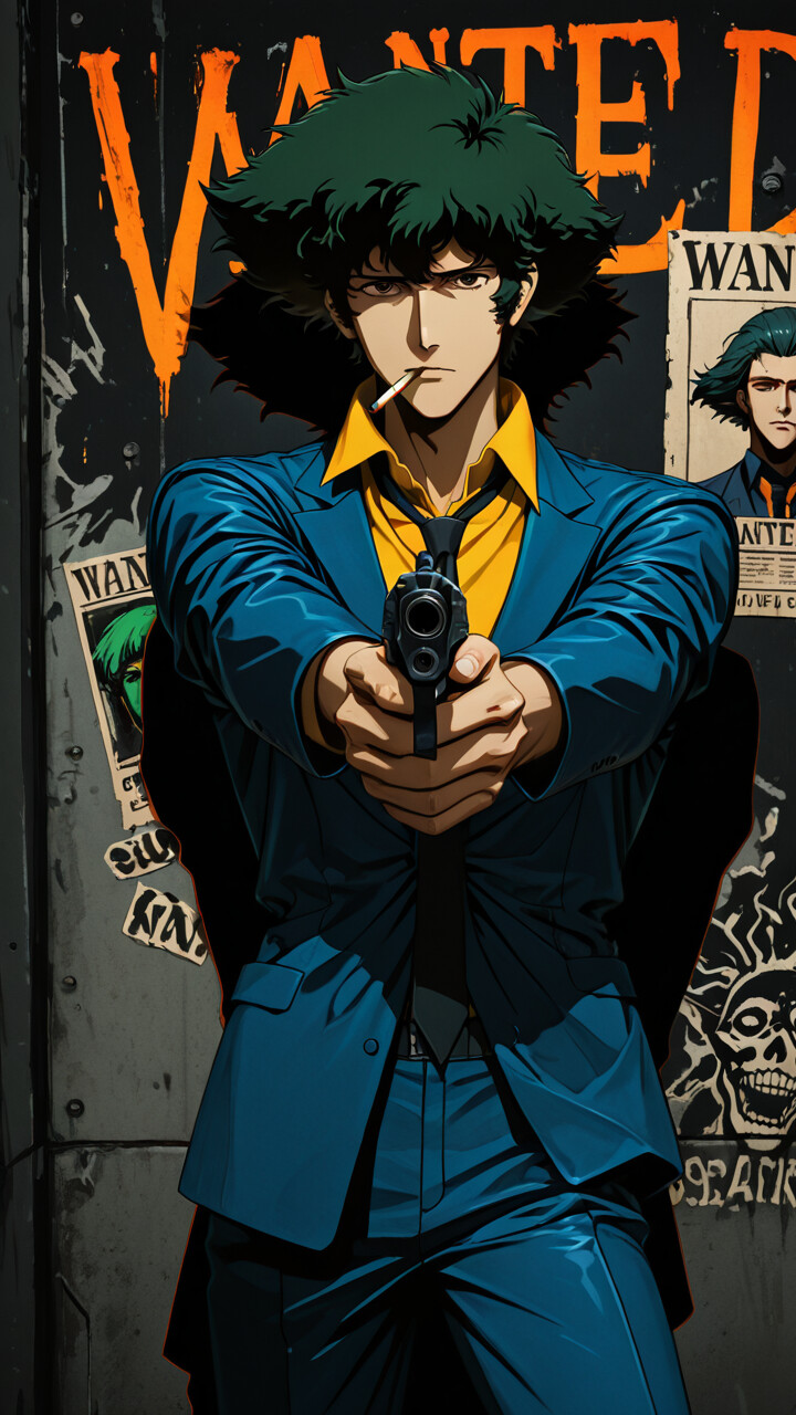 Anime-style illustration of Spike Spiegel from Cowboy Bebop pointing a pistol at the camera. He has messy dark green hair, a cigarette in his mouth, and is wearing a blue suit. Behind him is a wall with a large neon 'WANTED' sign.