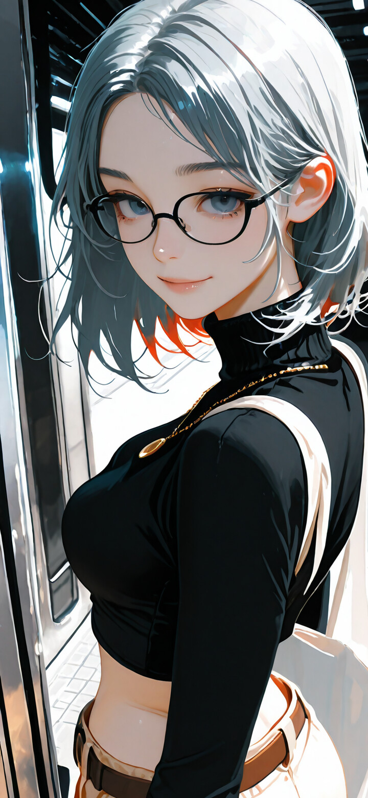 An anime-style illustration of a young woman with short silver hair and gray eyes, wearing a black turtleneck crop top and a gold necklace, smiling at the camera in front of a dark, reflective background.
