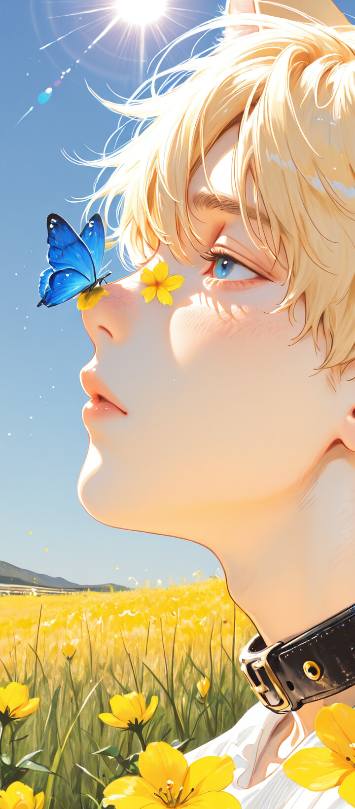 An anime-style illustration of a young man with blonde hair and cat ears in profile. He is in a sunny field of yellow flowers, looking up at a blue butterfly near his face. He wears a black collar and a white shirt.