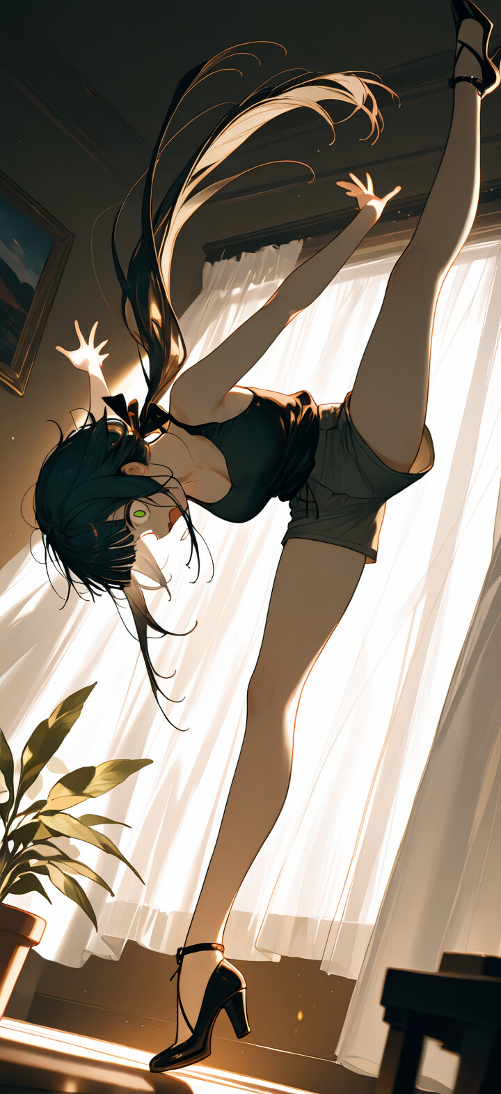 A full-body illustration of an anime-style girl with short black hair, a long ponytail, and green eyes, falling backward in a sunlit room. She wears a black top and shorts with high heels, her arms outstretched as she loses her balance near a large glass door.