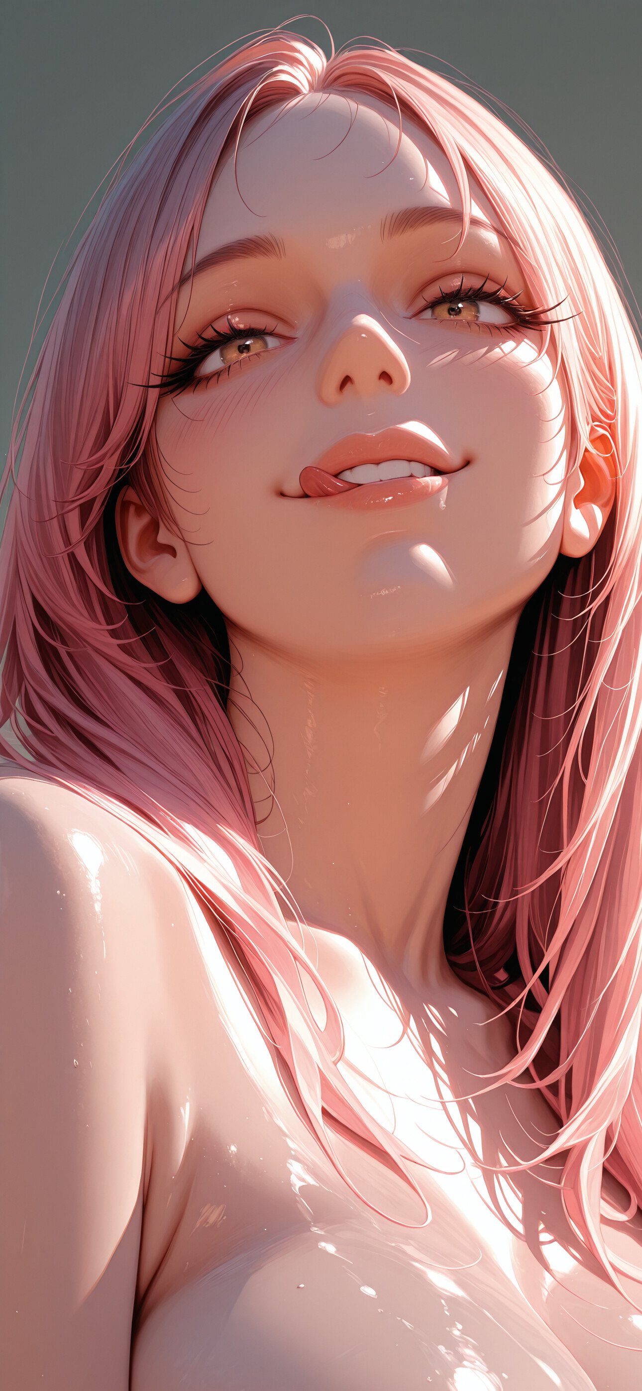 A close-up portrait of a woman with long pink hair and golden eyes, looking up with a playful smile and licking her lips in the bright sunlight.