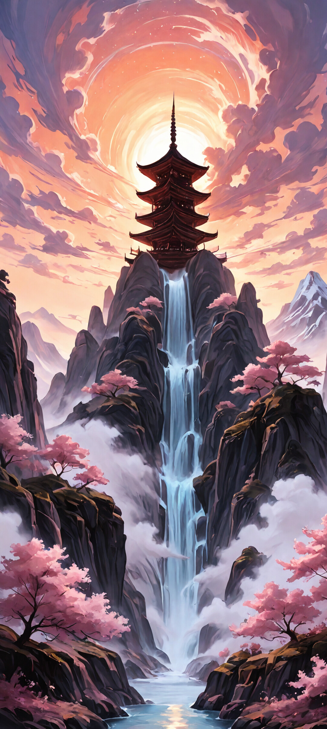 A vertical digital painting of a deep canyon with traditional Asian pagodas on the cliffs, multiple waterfalls, a stone bridge, and blooming pink cherry blossom trees, all illuminated by a warm sunset.