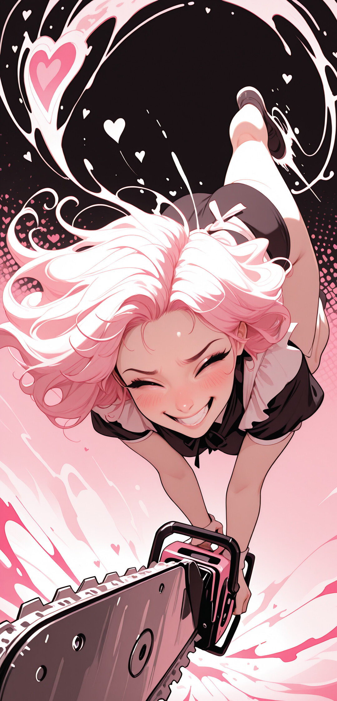 An anime girl with short pink hair and a wide, joyful smile lies on a pink surface, holding a running pink and black chainsaw. The background is black with floating pink hearts.