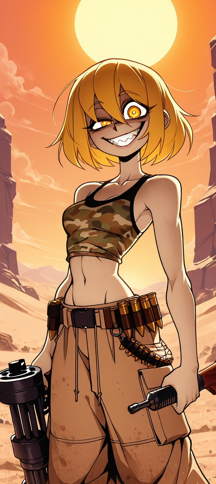An anime illustration of Tanya Degurechaff from Saga of Tanya the Evil, with a crazed smile and glowing eyes, holding a massive minigun in a desert setting.