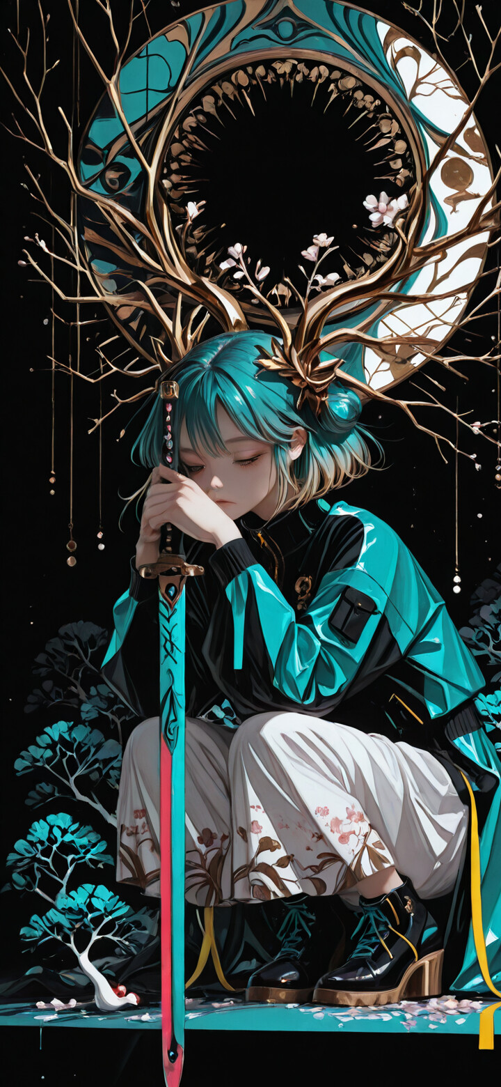 An anime-style illustration of a young woman with long blonde hair crouching on the ground. She has her eyes closed and is resting her head on her hands, which are holding the hilt of a long sword planted in the ground before her. She wears a white and teal techwear outfit with black straps and boots. Behind her is a large, ornate golden and teal circle with tree branches growing from it against a black background.