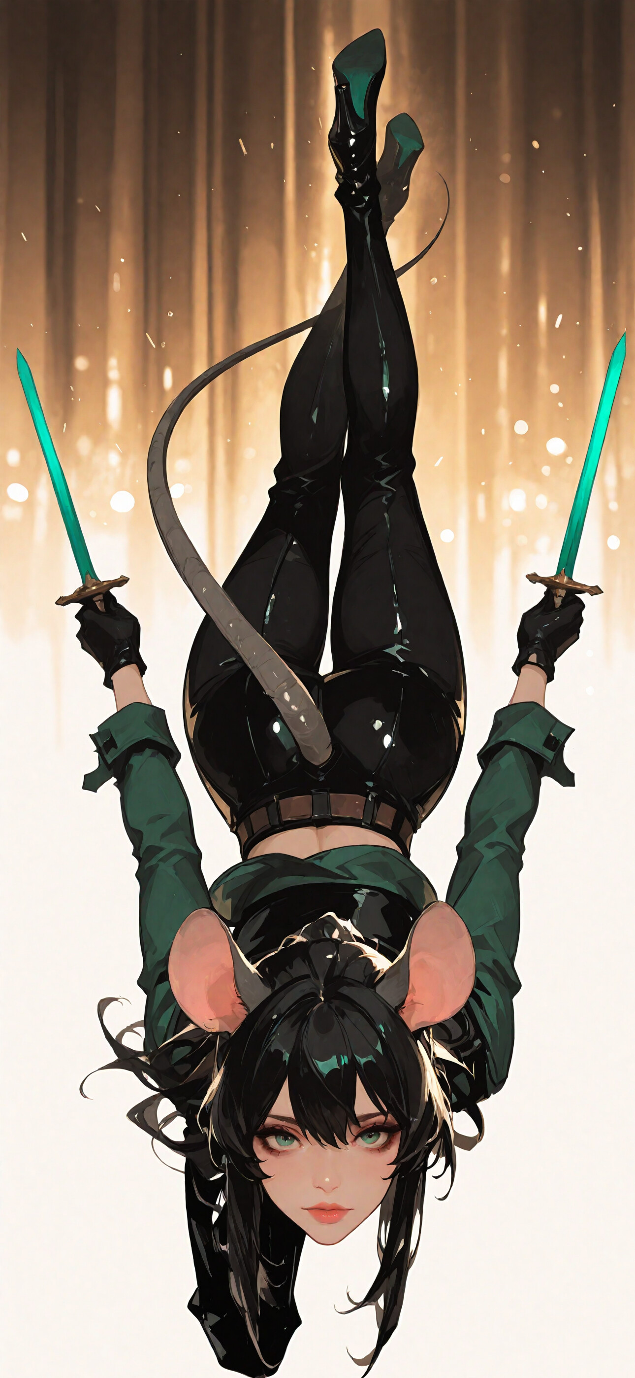 A female anime character with black hair, green eyes, large mouse ears, and a long mouse tail, dressed as a rogue in a green shirt and black pants, lies on a white tiled floor looking directly at the camera.