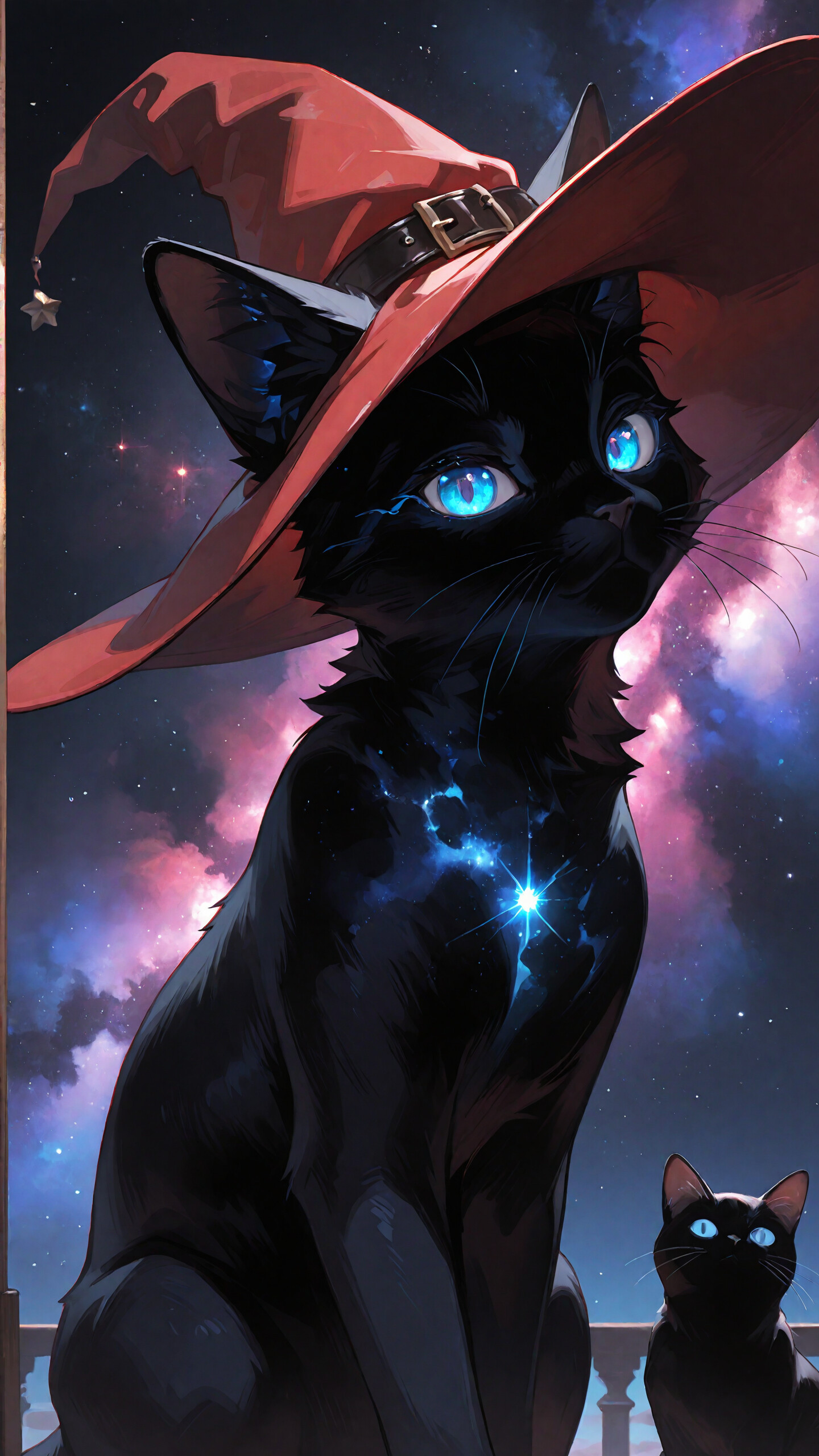 A digital illustration of a sleek black cat with glowing blue eyes wearing a large red witch's hat. The cat is sitting and looking directly at the viewer against a background of a purple and red nebula-filled night sky.