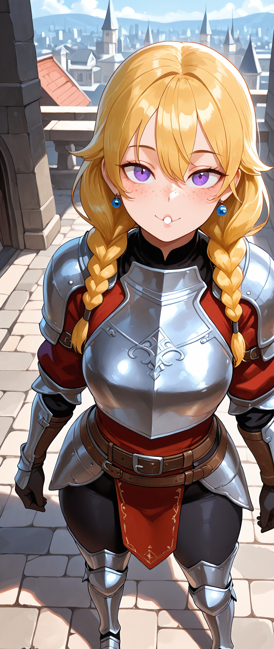 A young female knight with blonde braids and purple eyes, wearing silver armor over a purple tunic, stands on a stone bridge in a medieval city, smiling up at the viewer.
