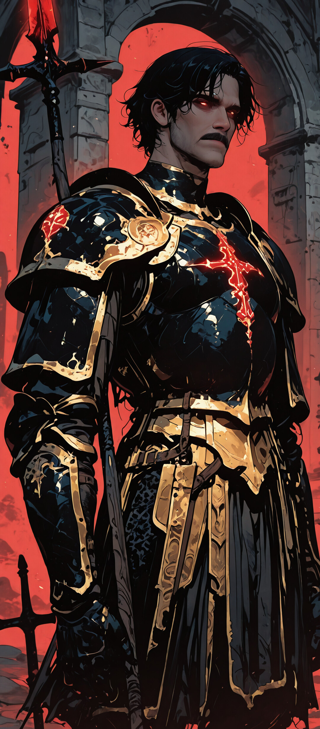 A muscular dark-haired warrior with a mustache and glowing red eyes, wearing elaborate black and gold armor and holding a large spear, standing in front of a red-skied archway.