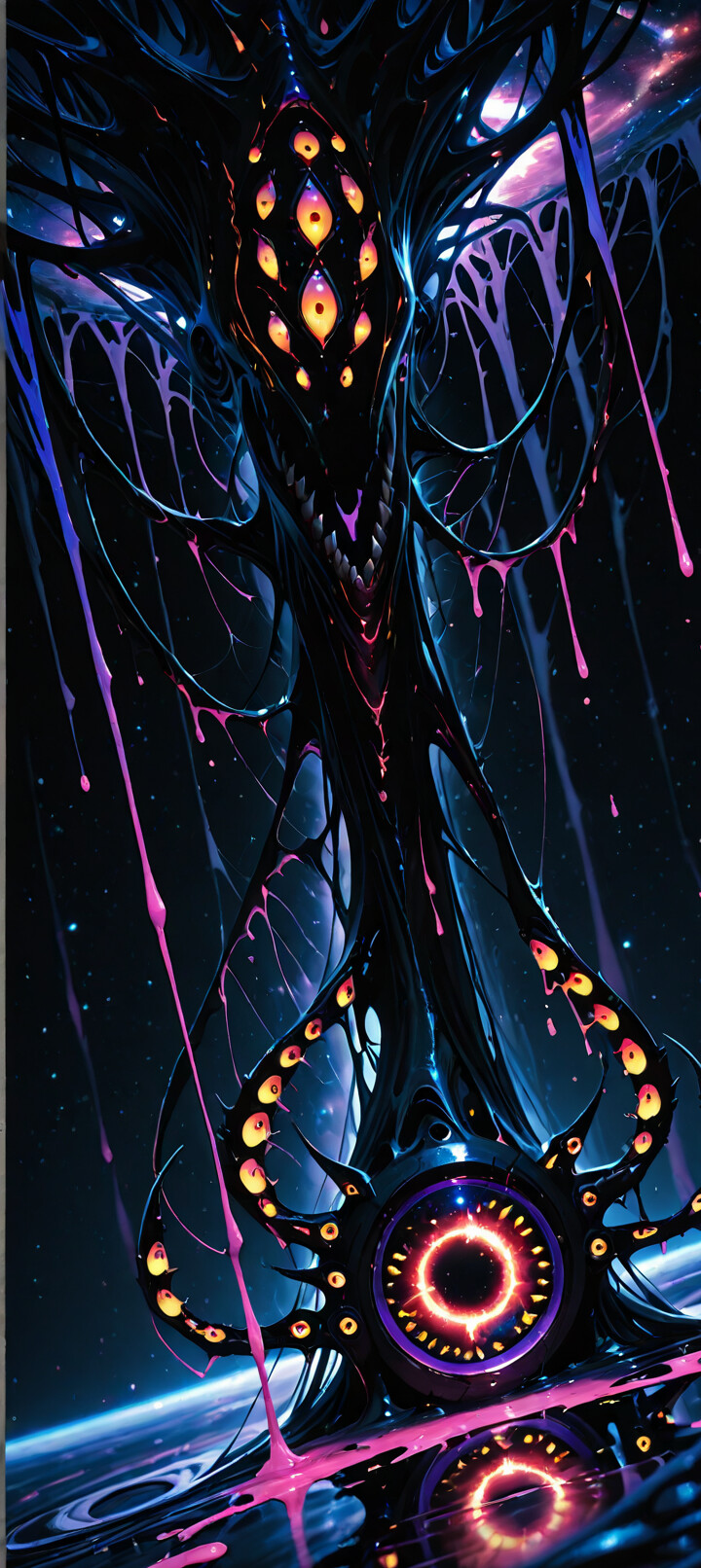 A tall, slender eldritch creature with a feminine form made of dripping black liquid stands in a pool of colorful cosmic ooze. Its head is a mass of glowing yellow eyes beneath a wide, flat halo resembling a melting galaxy. The creature has sharp claws and glowing eye-like markings on its body, set against a background of deep space.