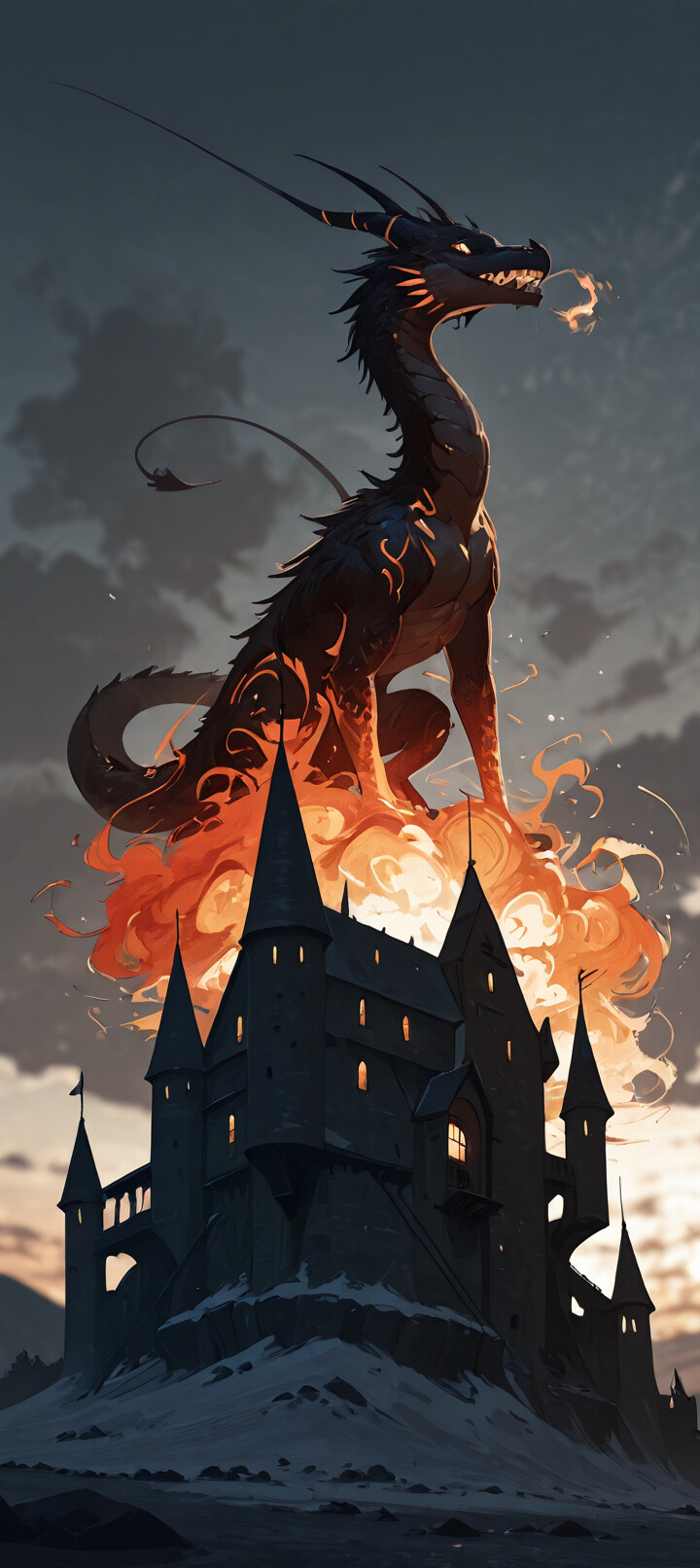 A large, serpentine dragon, glowing with fire and flames, perches majestically on the highest tower of a dark, gothic castle at dusk.