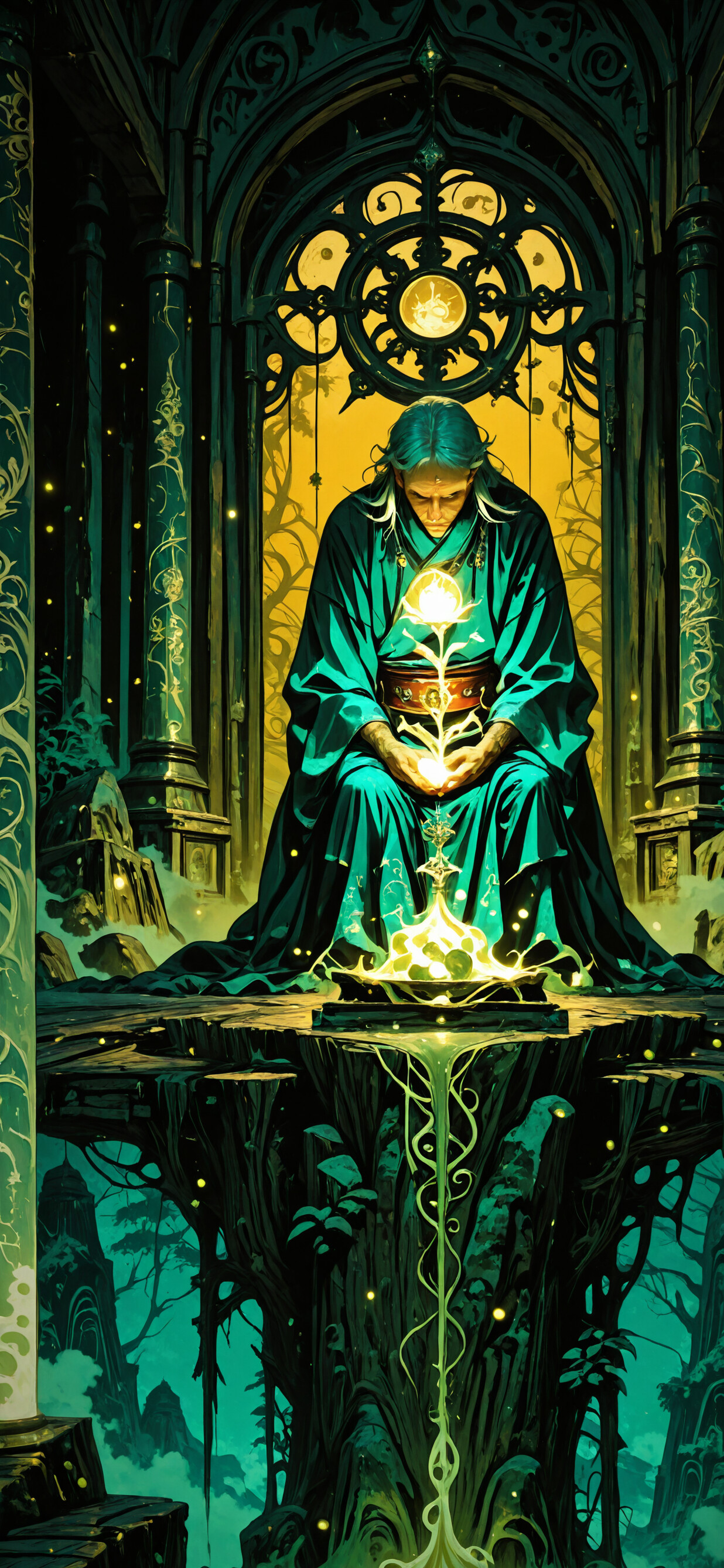 A full-length digital illustration of a wise old sage with white hair in green robes, standing on a platform in a dark, mystical temple. He looks down at a small, glowing plant, while a large, golden arched window glows behind him.