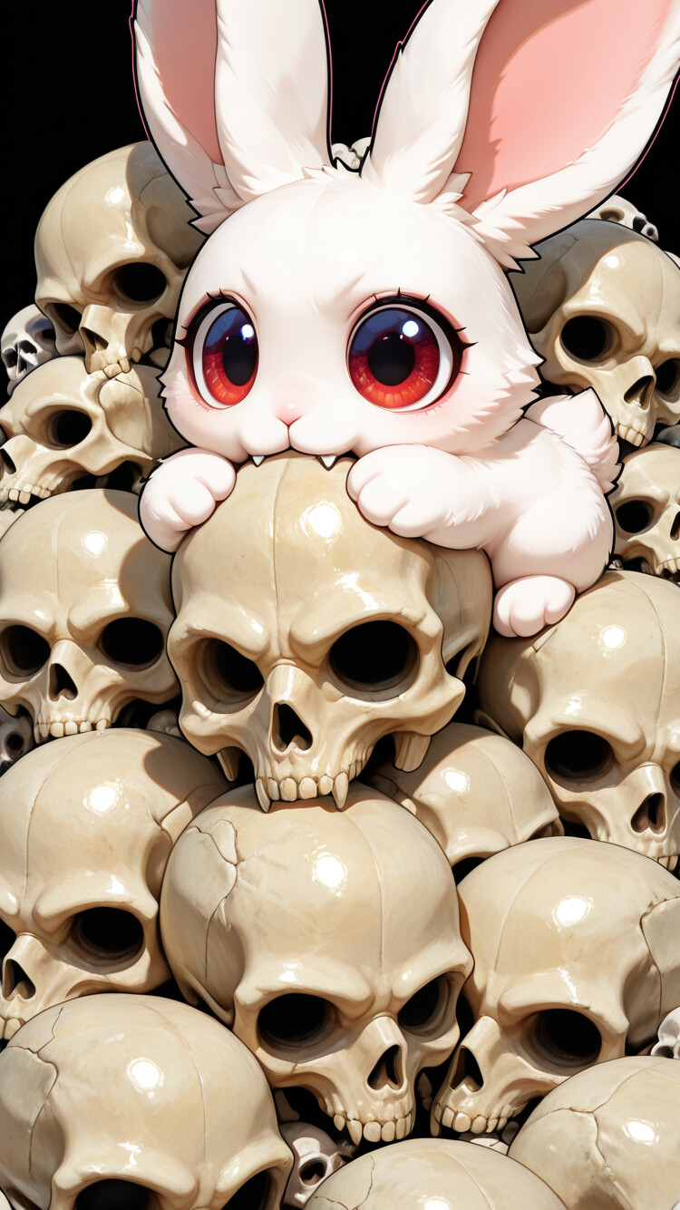A cute, white chibi-style rabbit with large red eyes and fangs, biting a human skull while sitting on a large pile of other skulls.