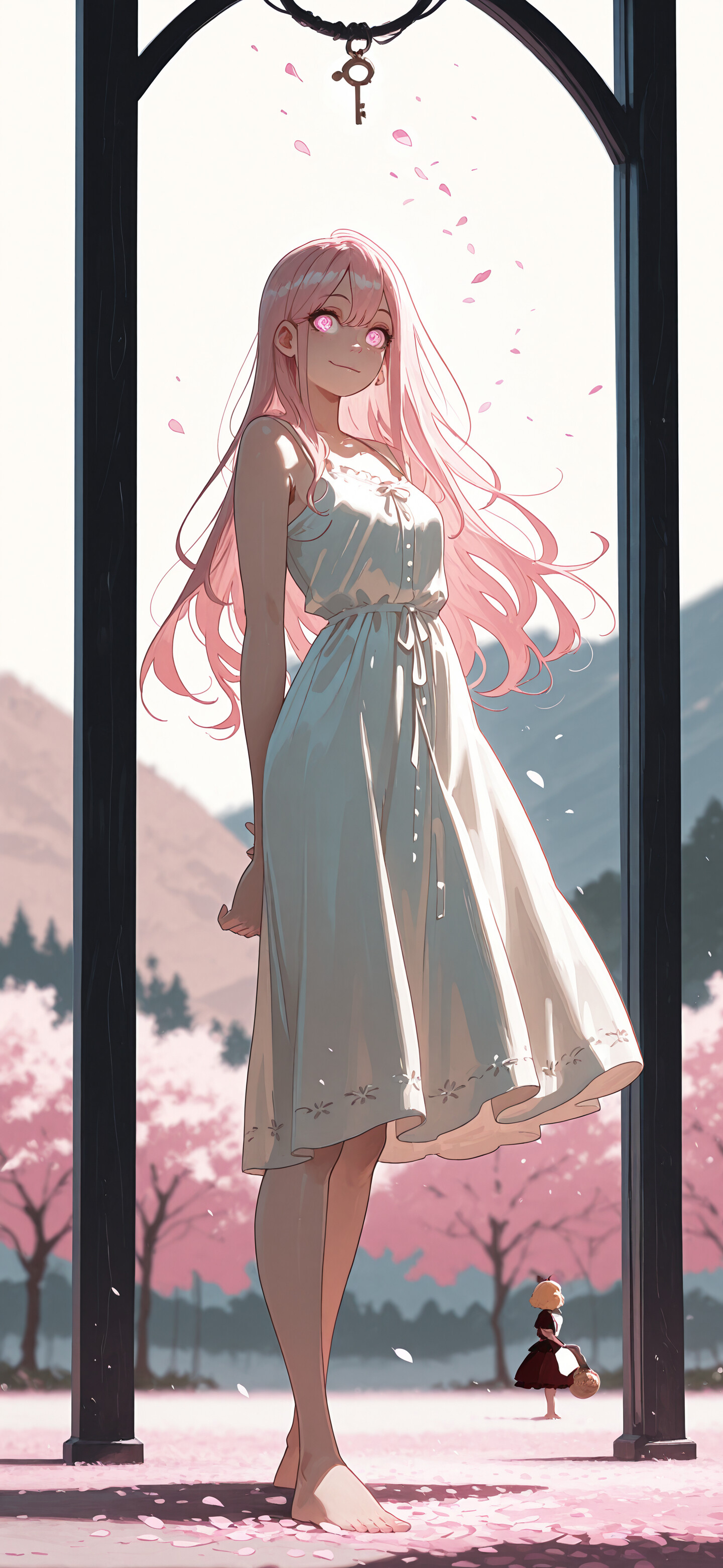 An anime girl with long pink hair and glowing pink eyes stands barefoot in a field of pink petals under a dark sky, with a single golden key hanging above her.
