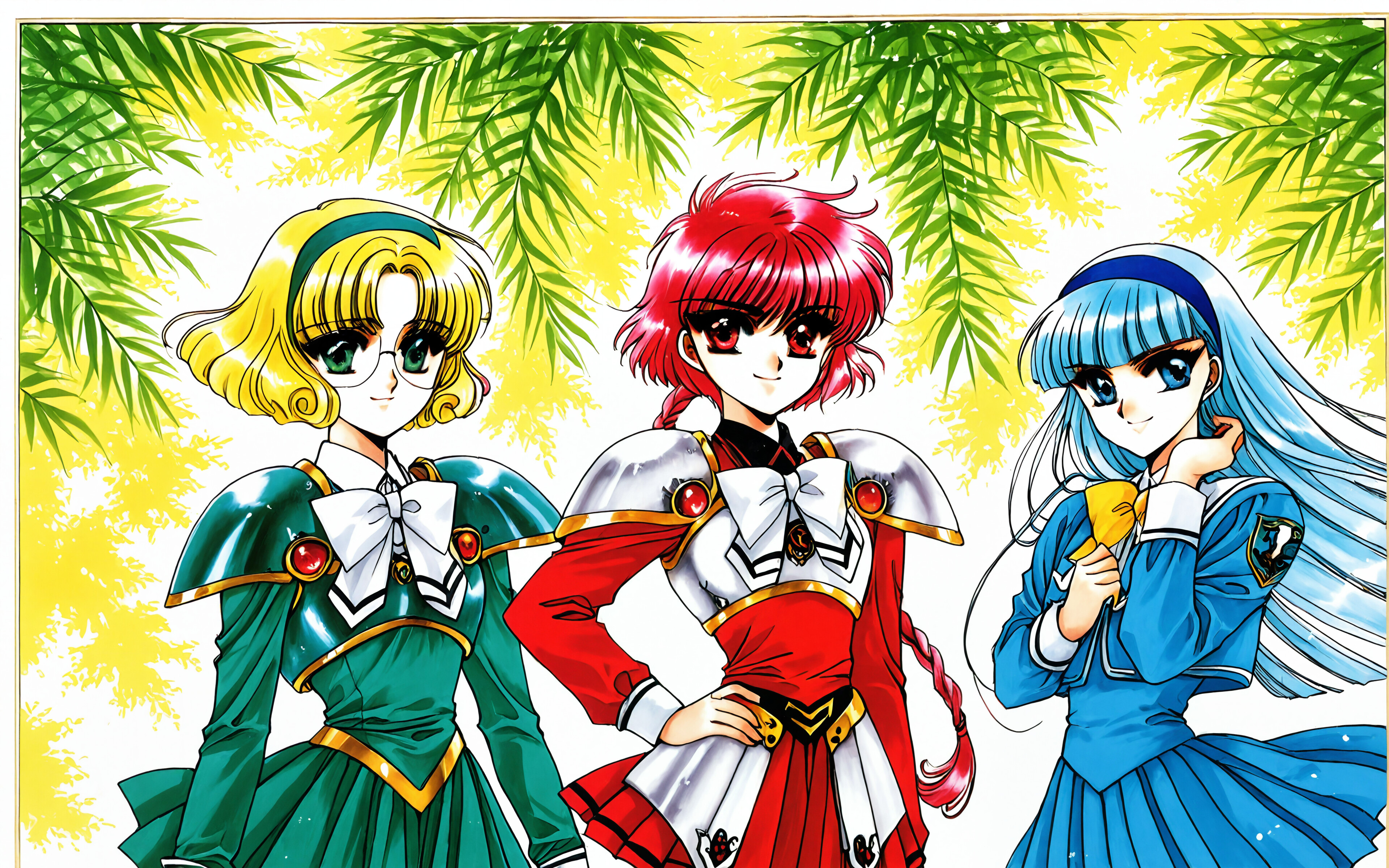 Full-body illustration of Hikaru Shidou, Umi Ryuuzaki, and Fuu Hououji from Magic Knight Rayearth. Hikaru has red hair, Umi has blue hair, and Fuu has blonde hair with glasses. They are wearing armored school uniforms and standing in front of a large, golden, ornate circular frame.