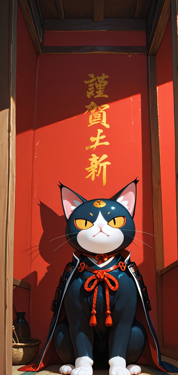 An anime-style illustration of a black and white tuxedo cat sitting upright. The cat has large yellow eyes, a red collar, and red warrior-like markings on its face. It is inside a Japanese-style room next to a shoji screen.