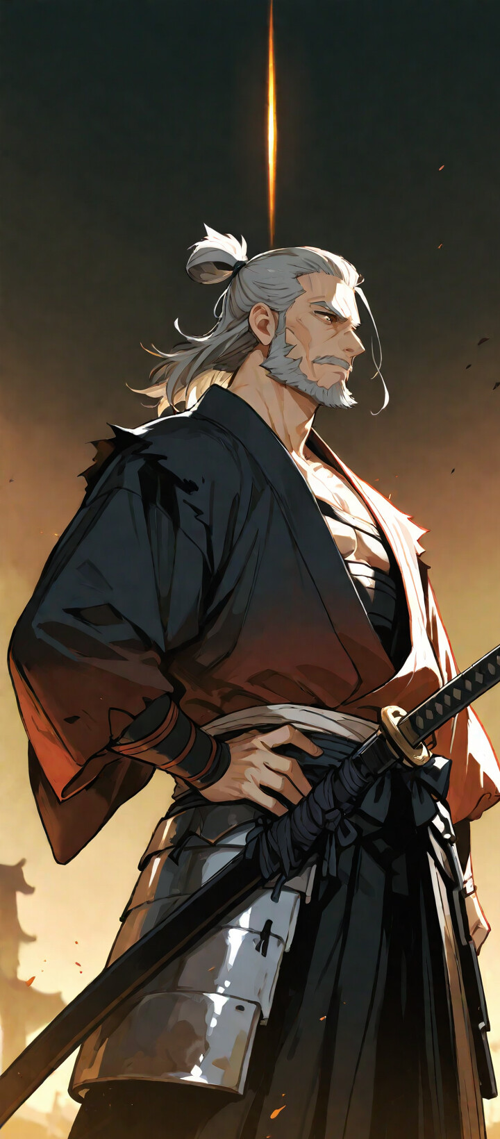 An anime-style illustration of an elderly, muscular samurai with grey hair and a beard, wearing a black kimono and partial armor, standing confidently on a battlefield at sunrise.