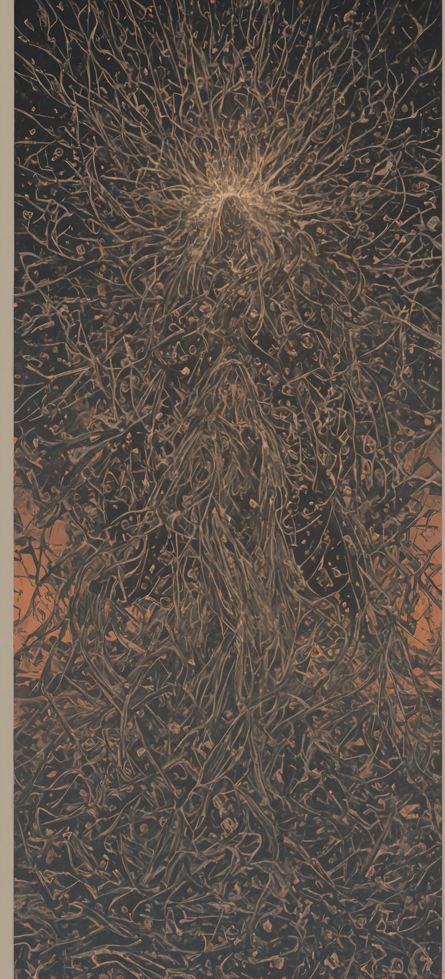 An ukiyo-e style artwork of an ethereal spirit made of tangled dark brown roots and branches. The figure stands in a chaotic forest before a large, solid orange sun that serves as a halo.