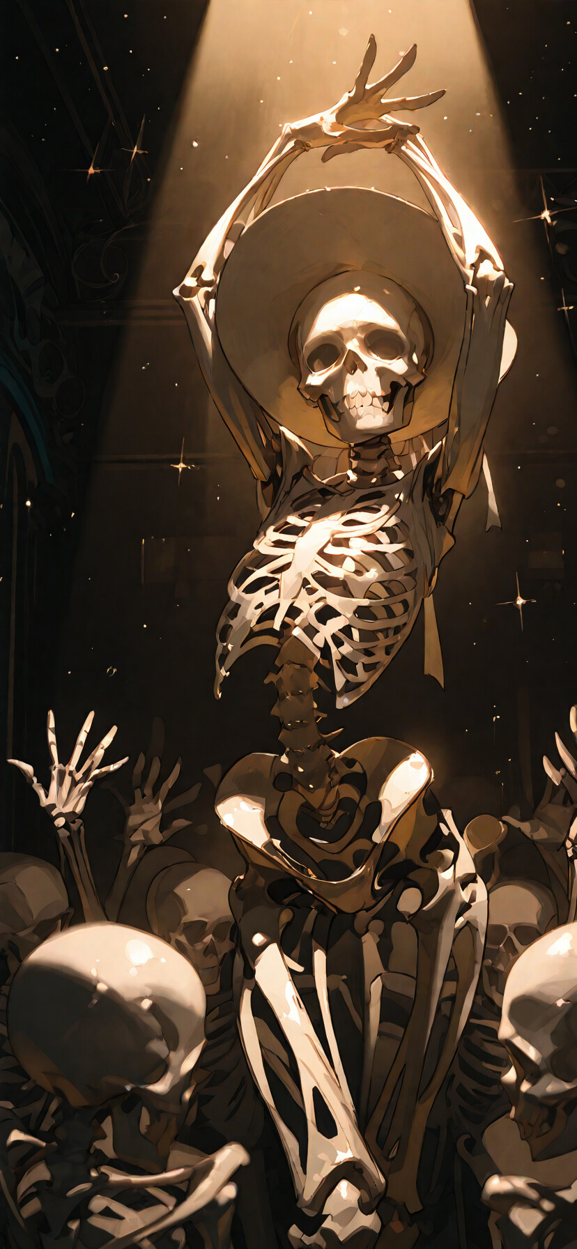 A skeleton wearing a large white hat poses dramatically under a spotlight on a stage, in front of an adoring crowd of other skeletons.
