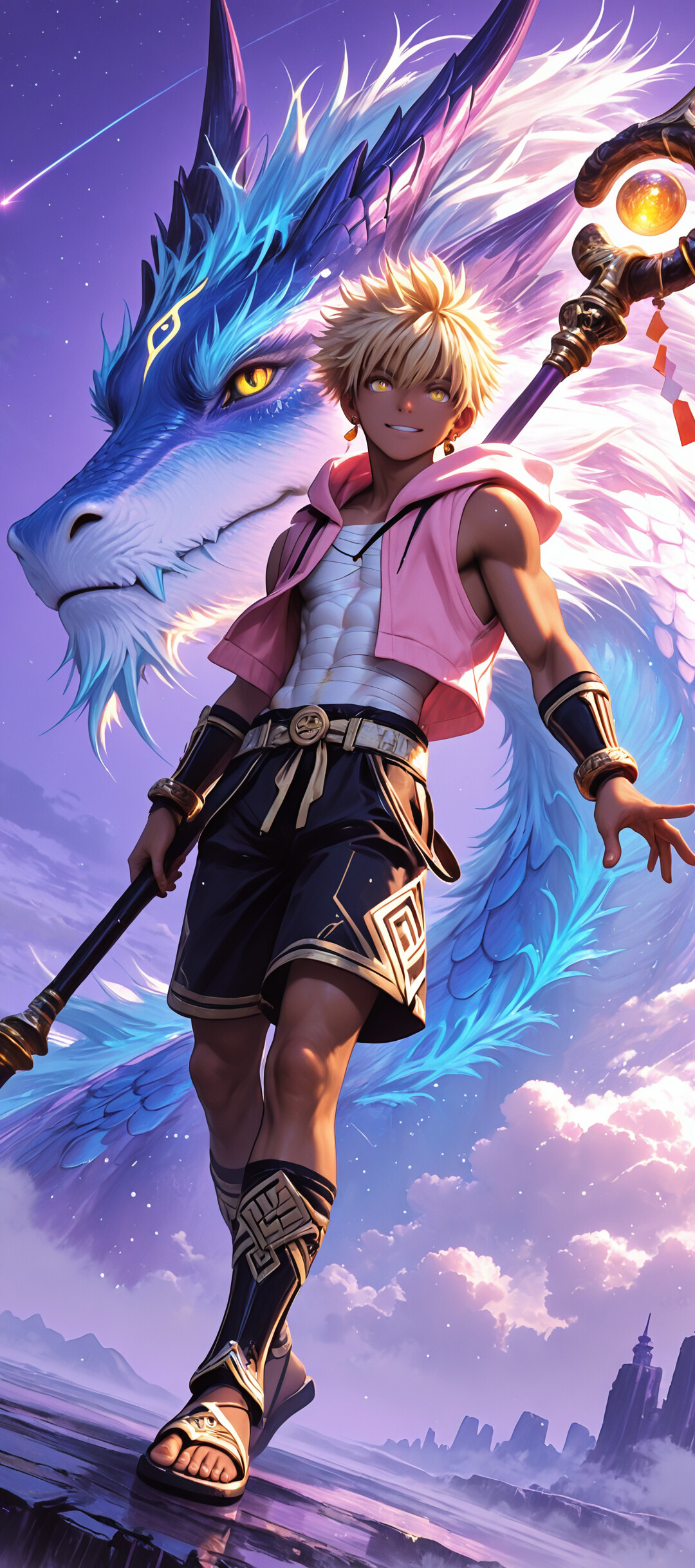 A young man with blonde hair and a pink hoodie holds a magical staff, standing in front of a large blue and purple dragon under a starry purple sky.