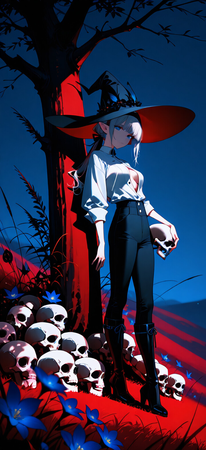 An anime-style illustration of a silver-haired witch in a large hat holding a skull. She is leaning against a tree in a surreal red field filled with skeletons and blue flowers, under a dark blue sky.