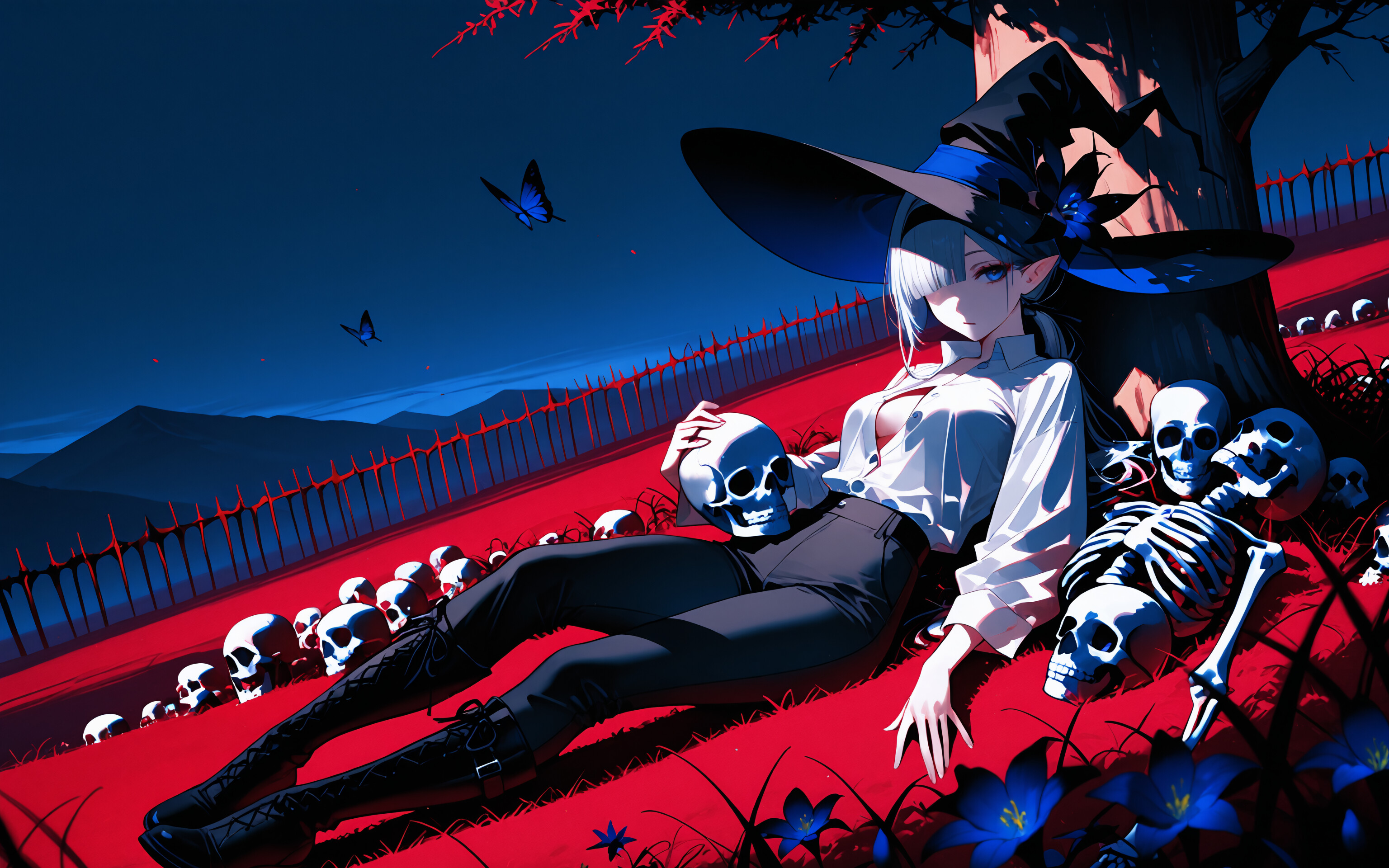An anime-style illustration of a silver-haired witch in a large hat holding a skull. She is leaning against a tree in a surreal red field filled with skeletons and blue flowers, under a dark blue sky.