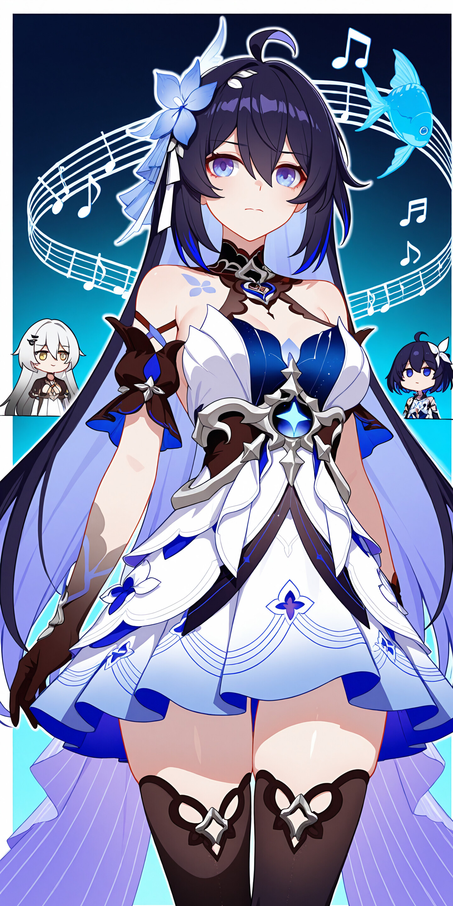 An artwork of three anime girls. The central character has long black and blue hair and wears an ornate white and blue dress. In the background are two other girls: one with long white hair and one with short dark blue hair.