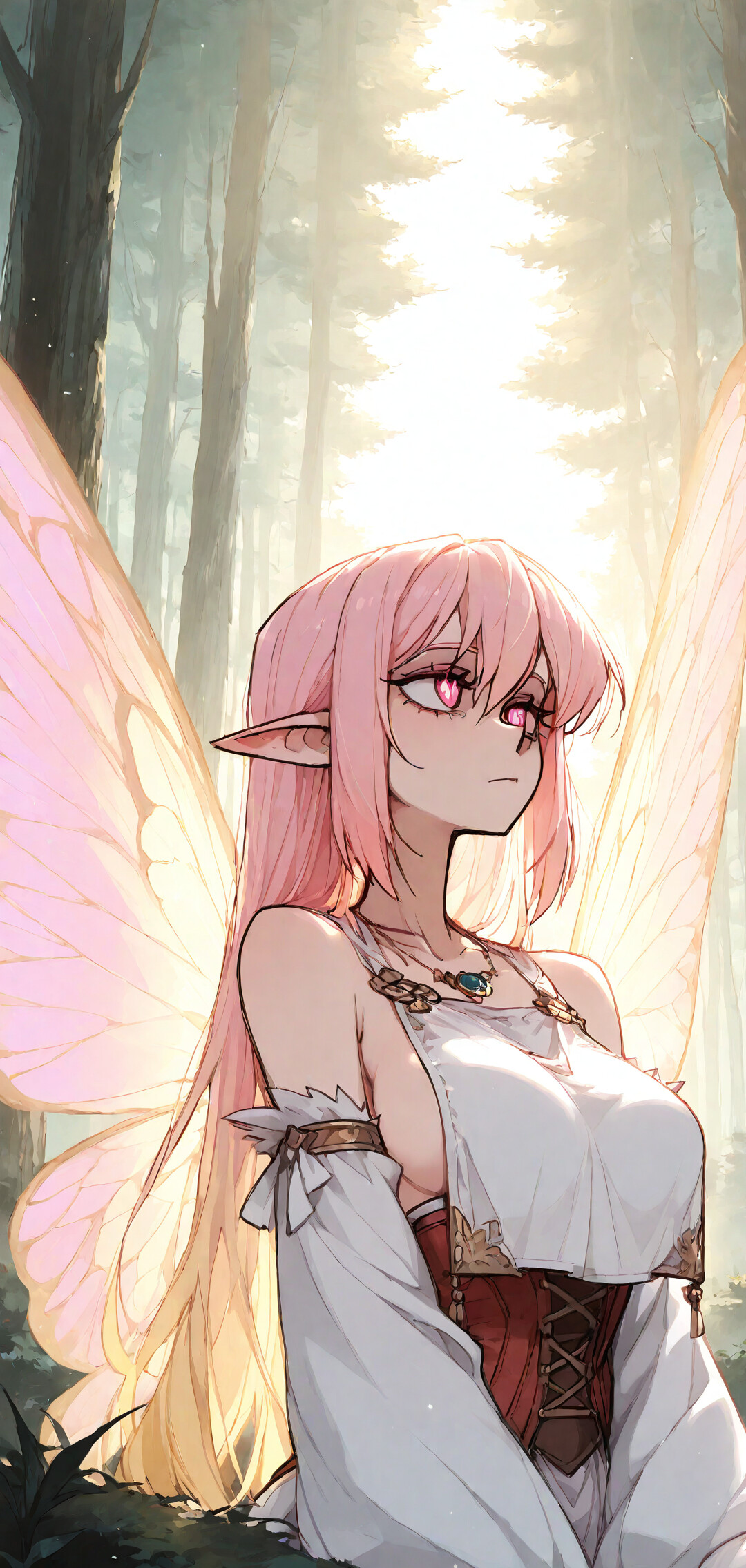 An anime-style illustration of the fairy queen Titania, a beautiful elf-like woman with long blonde and pink hair, large pink butterfly wings, and pointed ears, standing in a sunlit forest.