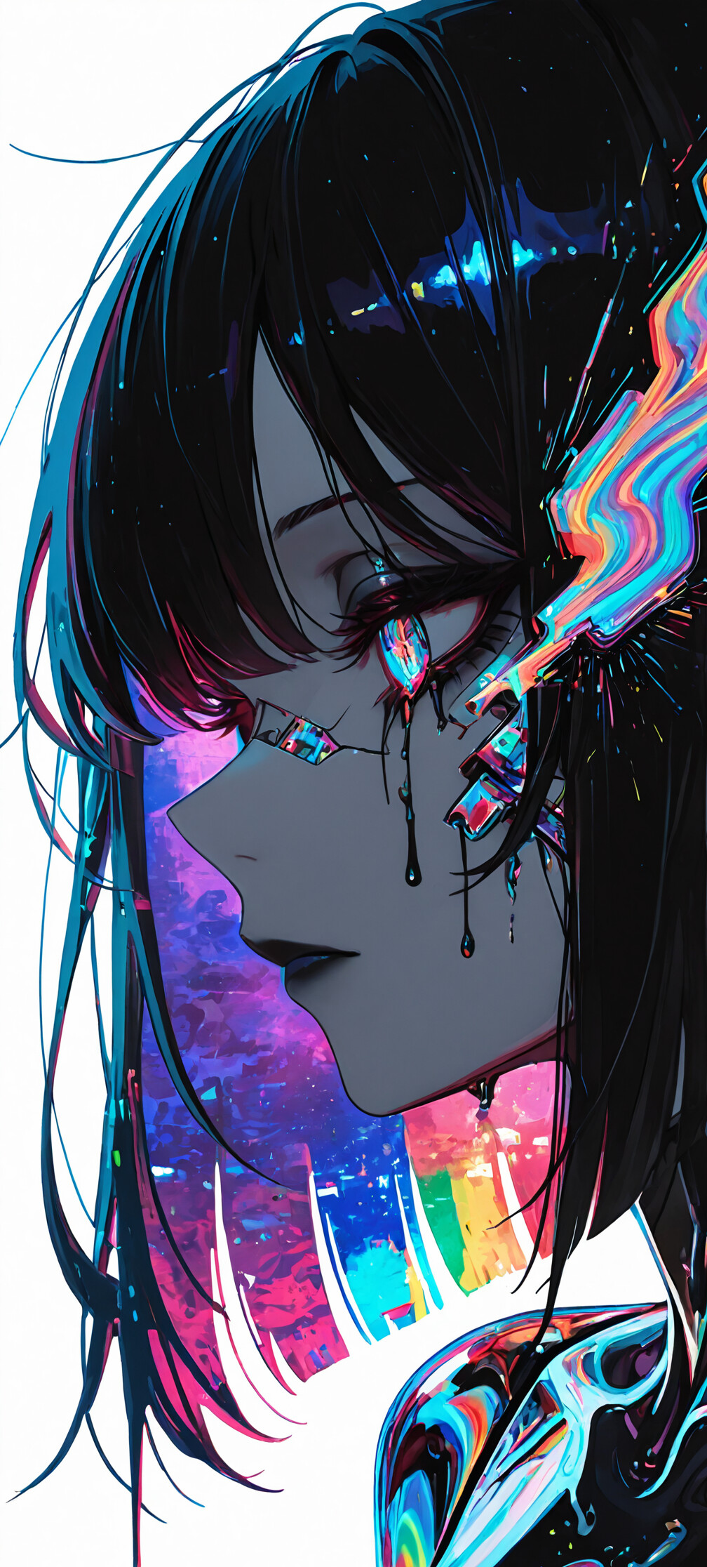 A close-up portrait of an anime-style android girl with short black and purple hair. She has glowing, multicolored eyes with black tears, a colorful glitch on her cheek, and wears a black cybernetic suit and a vibrant headset against a white background.