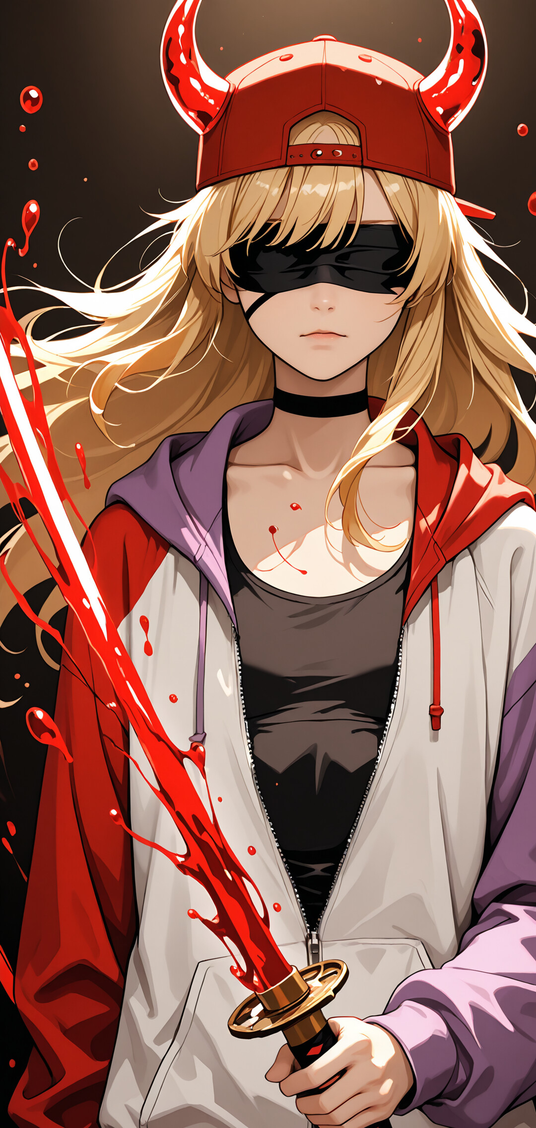 An anime girl with long blonde hair, a backwards red cap, and a black blindfold. She has red, liquid-like demon horns and wears a split-color white and purple hoodie, surrounded by splashes of red liquid.
