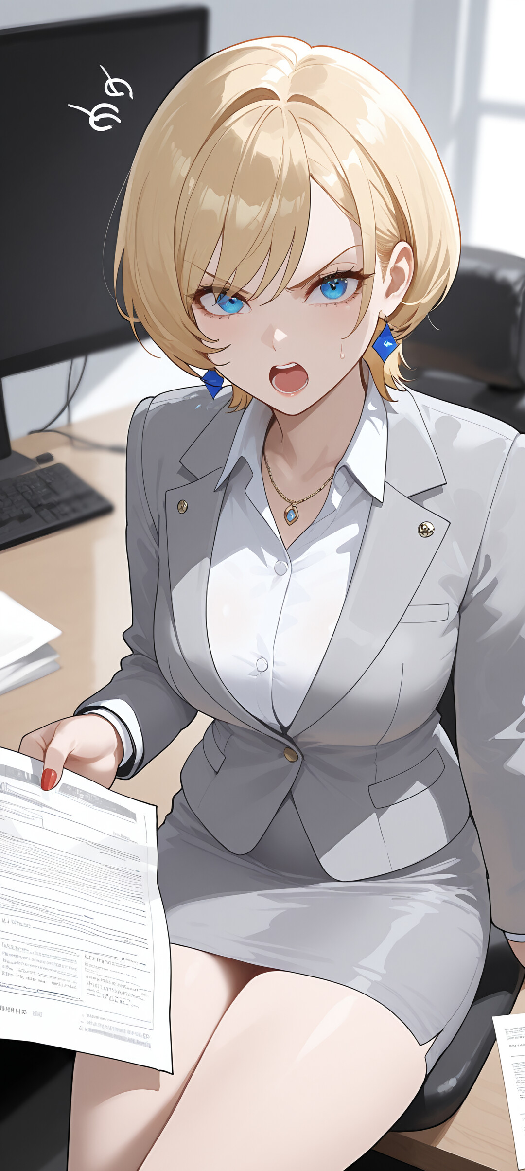 An anime-style illustration of Veronica Caleillu, a woman with short blonde hair and blue eyes, looking angry in a grey business suit while sitting at an office desk. She is holding a phone and pointing at a paper.