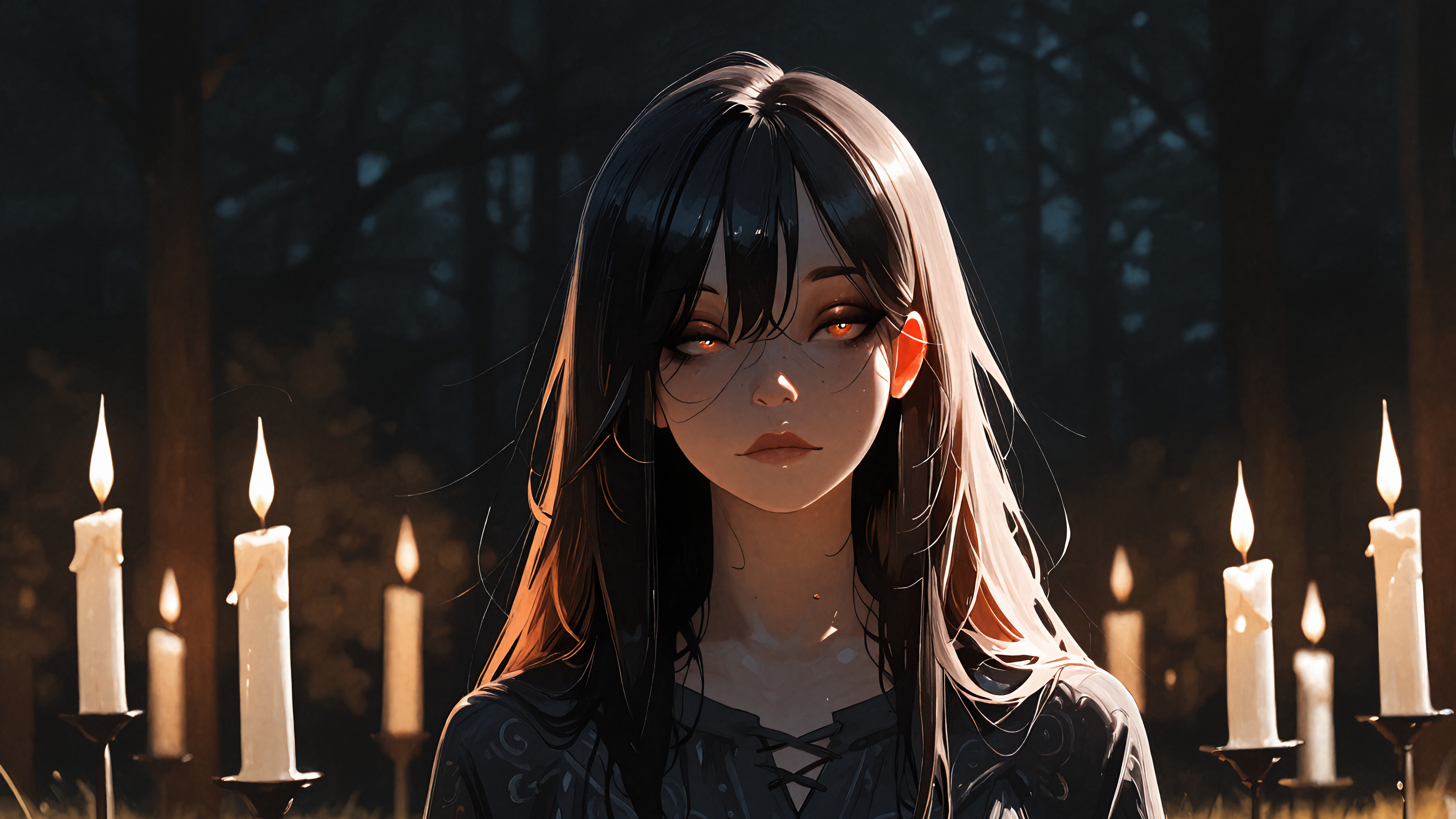 A beautiful anime-style woman with long black hair and a glowing halo stands in a dark room, her face illuminated by the soft light of many surrounding candles.