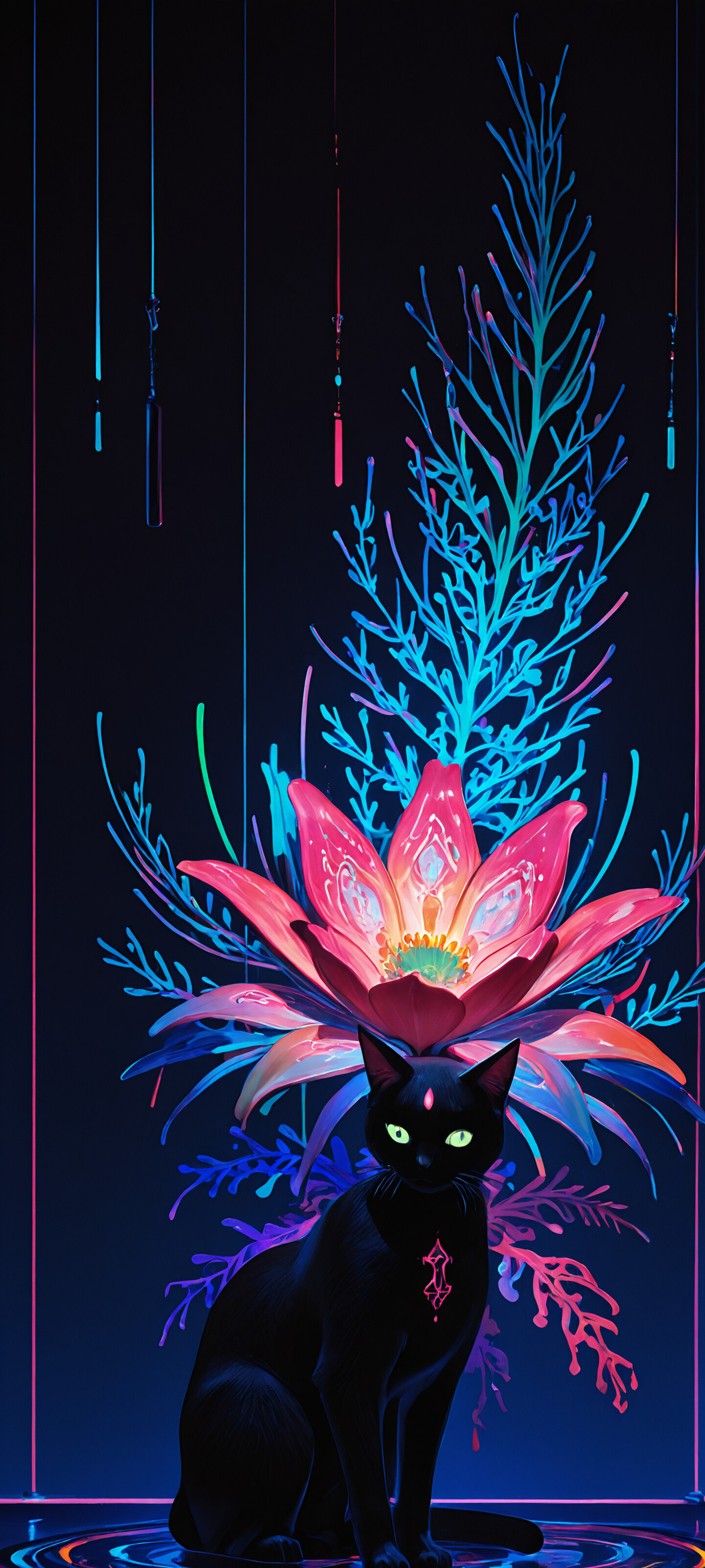 A black cat stands on a patterned neon floor in front of a large vase holding a spectacular bouquet of flowers glowing with vibrant pink and blue light against a dark, futuristic background.