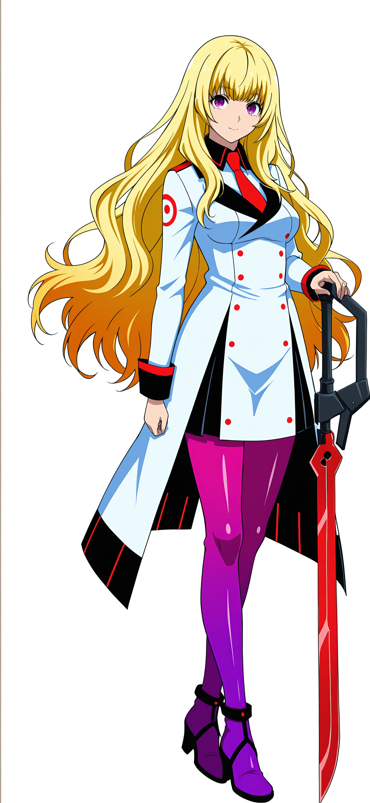 Full body illustration of the anime character Vladilena Milizé from 86 -Eighty Six- with long silver-to-purple hair, wearing a white and grey military uniform and holding a large red spear-like weapon.