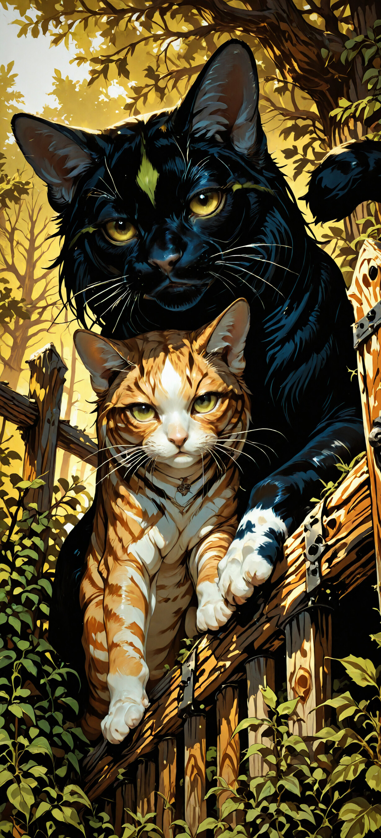 A detailed illustration of two cats in a forest. A ginger and white tabby with green eyes is in front, looking over a wooden fence, while a large black cat with yellow eyes and a yellow star mark on its forehead is behind it.