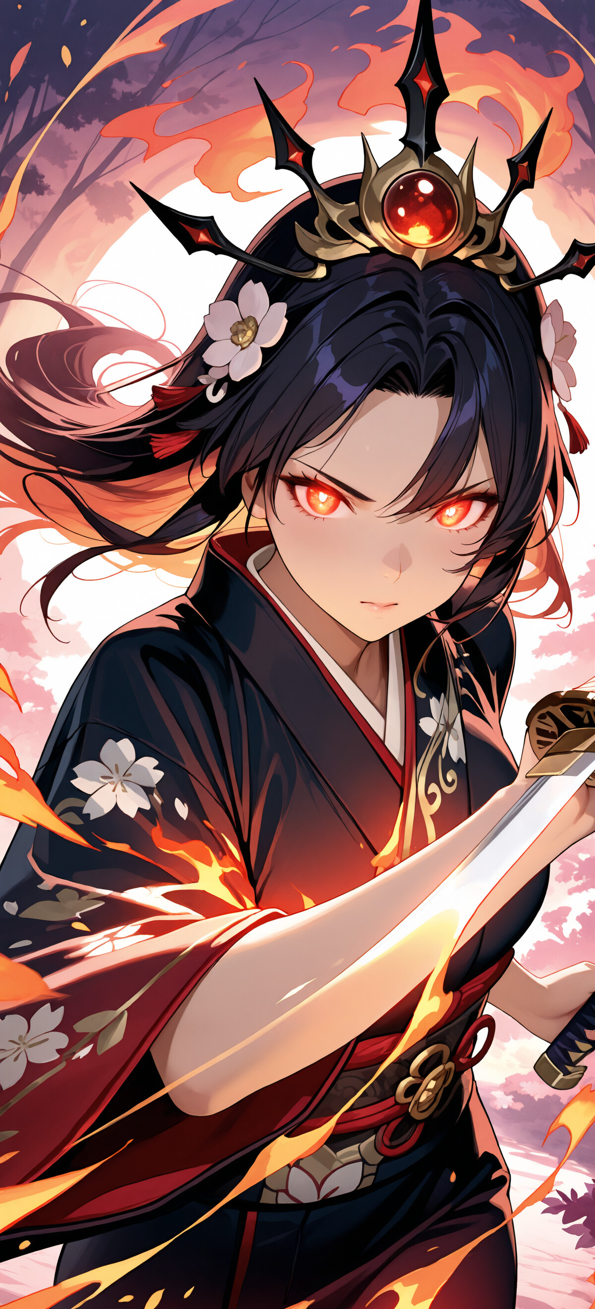 An anime-style female warrior with long dark hair, a spiky black headpiece, and glowing red eyes. She wears a black floral kimono and holds a flaming katana in a dynamic pose, surrounded by a circle of fire against a moonlit forest background.