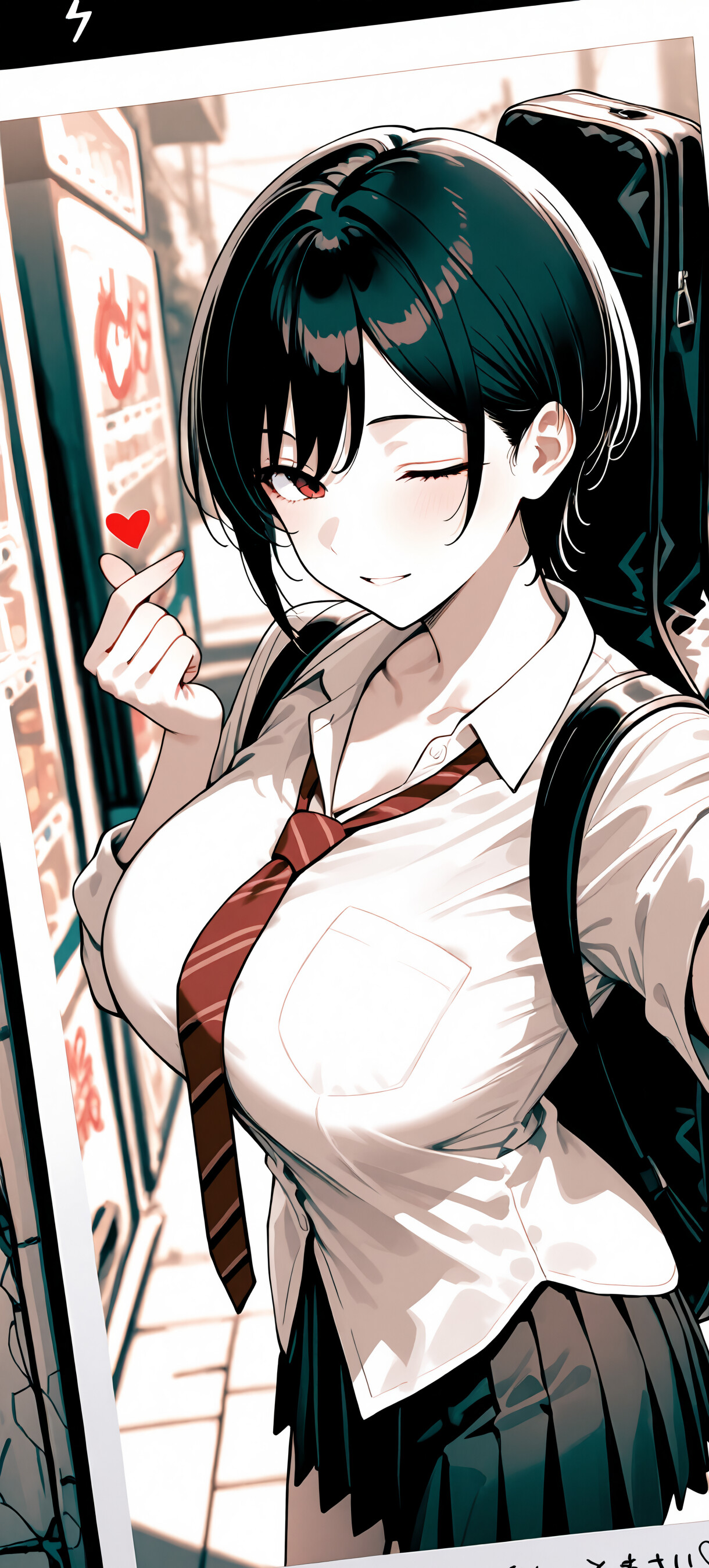 An anime schoolgirl with short black hair and red eyes winking and making a finger heart gesture while taking a selfie outdoors, carrying a guitar case.