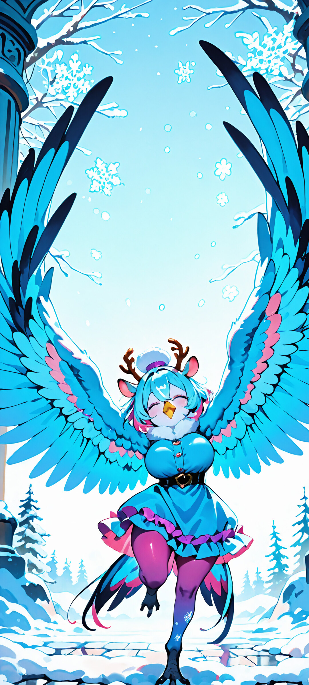 A joyful anime-style harpy with reindeer antlers stands on one leg in a snowy city. She has large pastel blue and pink wings, blue and pink hair, and is wearing a white and blue winter dress.