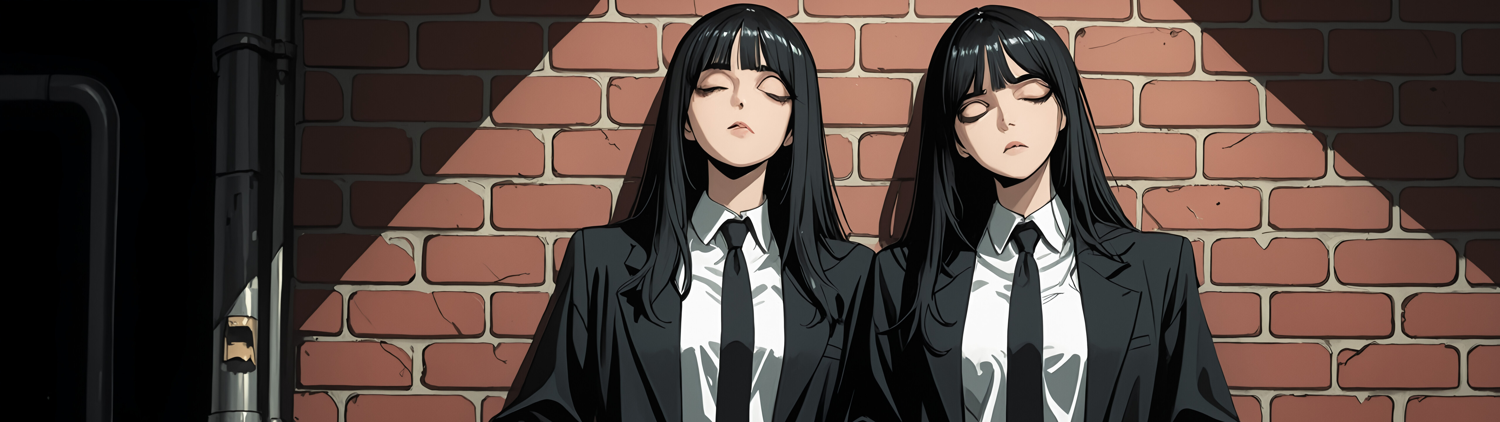 An anime-style illustration of a young woman with long black hair wearing a black suit and tie, leaning against a red brick wall and looking to the side with a serious expression.