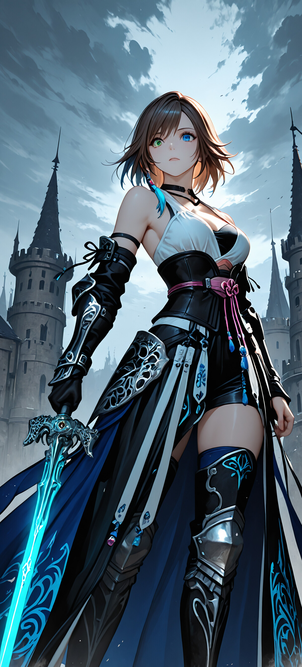 An anime-style illustration of Yuna from Final Fantasy X dressed as a knight. She has short brown hair, one green eye and one blue eye, and is holding a glowing blue sword in front of a large, gothic-style castle.