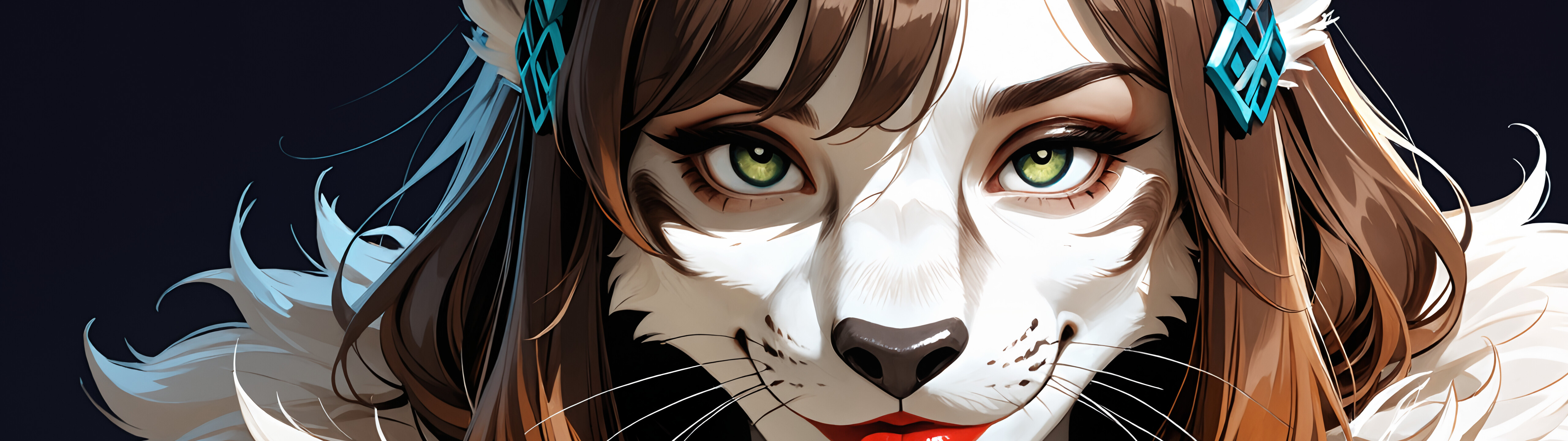 A detailed portrait of an anthropomorphic female leopard named Zinx with long brown hair, bright green eyes, red lips, and a black glove, smiling gently at the viewer.