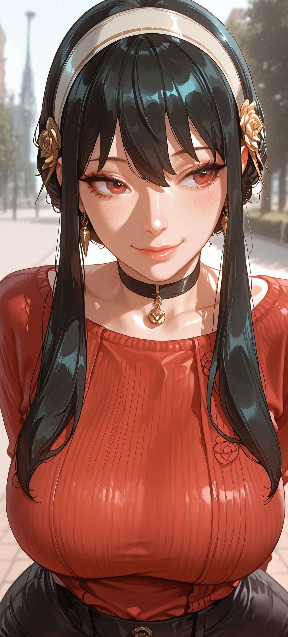 A digital portrait of Yor Forger from Spy x Family. She has long black hair, red eyes, a gold headband, and is wearing an off-the-shoulder red sweater and a black choker. She is smiling gently and looking to the side, with a blurry park in the background.