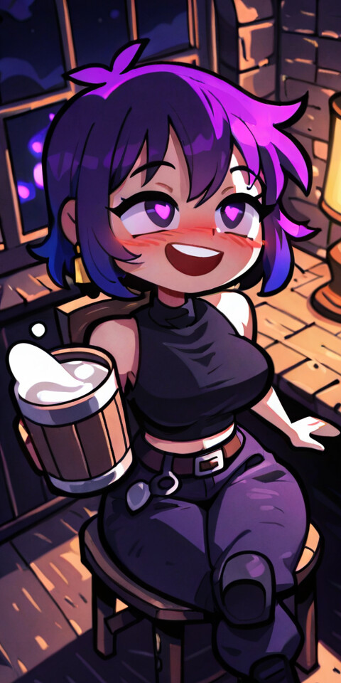An anime-style illustration of a girl with short purple and blue hair, smiling happily while holding a large wooden mug of beer in a cozy, candlelit tavern at night.