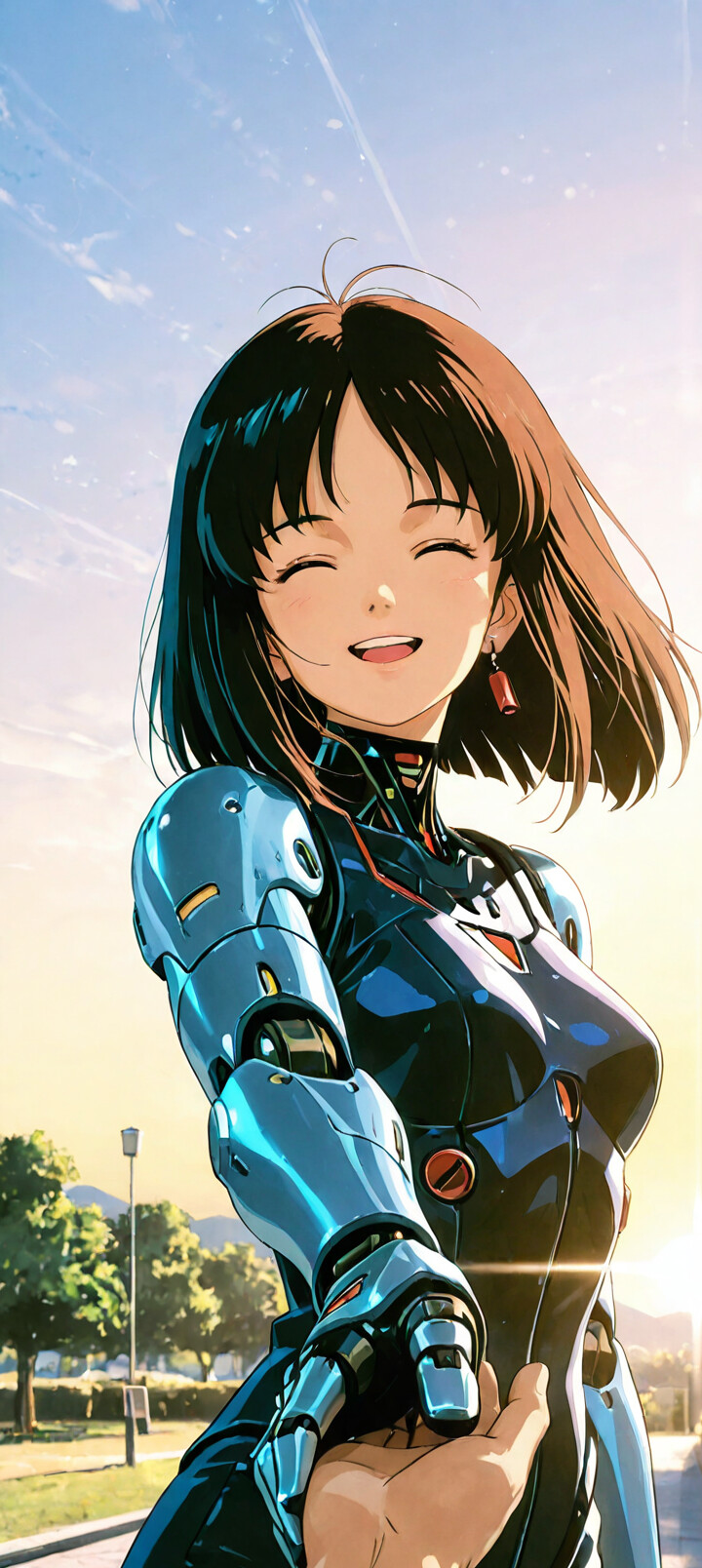 A young anime-style cyborg girl with short brown hair and a happy, smiling face reaches her hand out towards the viewer. She has a blue mechanical body and is standing in a park at sunrise.