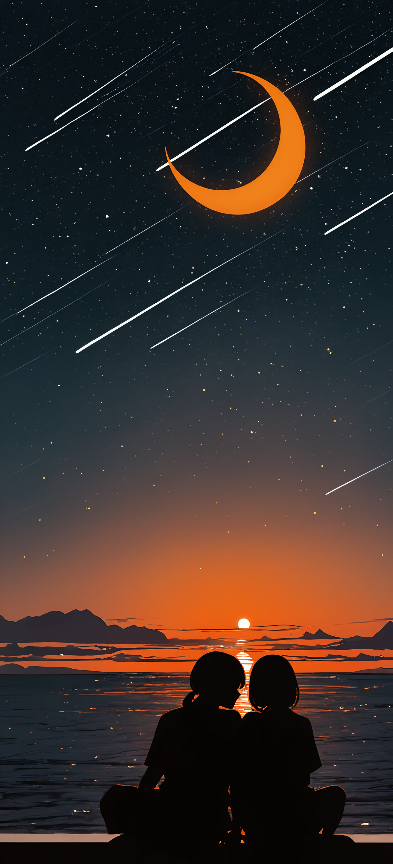 A vertical illustration of three silhouetted figures against a starry night sky. A taller figure, a father, stands behind two smaller, seated children. A large crescent moon and shooting stars are visible in the dark sky above an orange horizon.