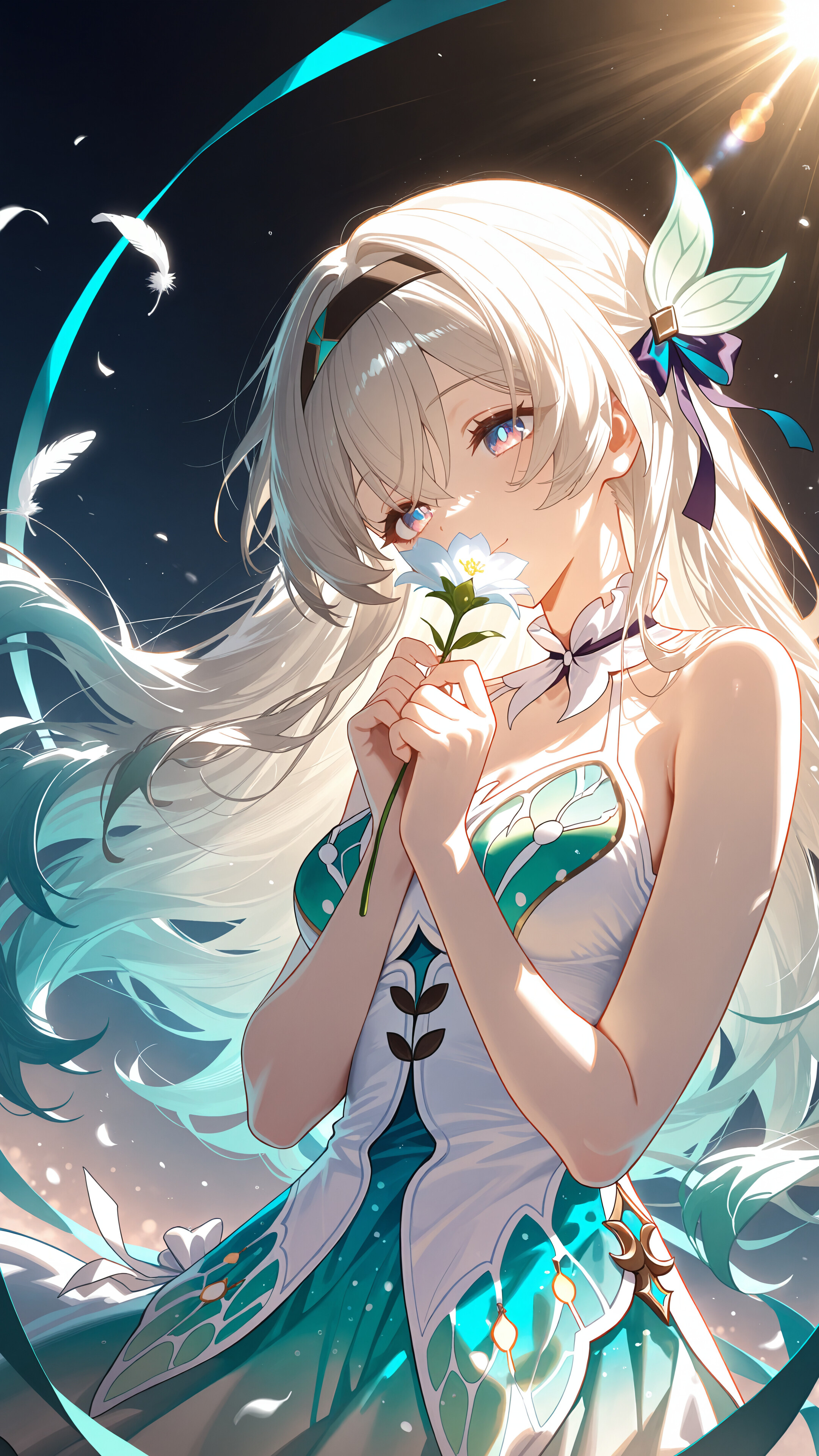 An anime-style illustration of Firefly from Honkai: Star Rail. She has long white hair and purple eyes, and is holding a small blue flower to her lips while looking away. She is wearing a white and teal dress, backlit by a warm, bright light.