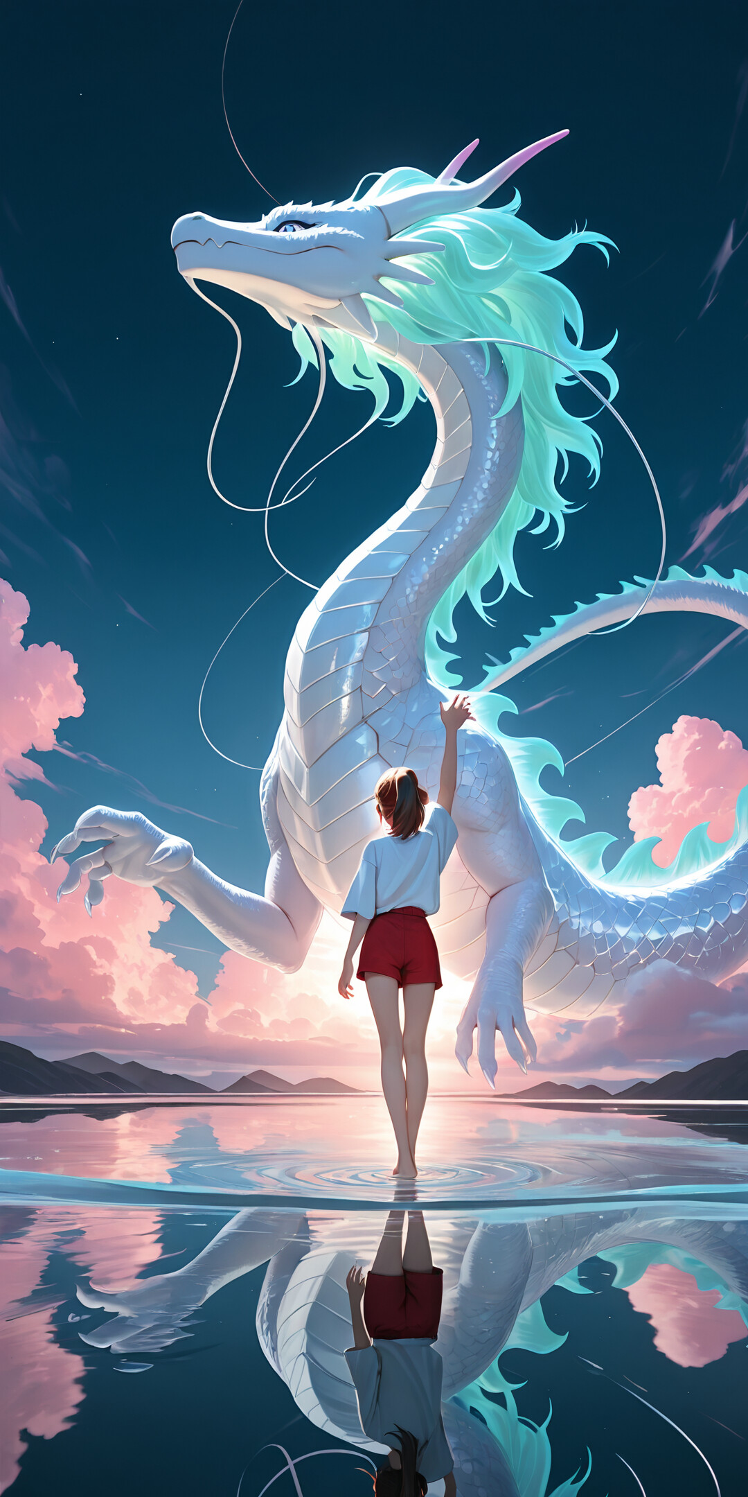 An anime-style illustration of Chihiro from Spirited Away, a young girl in a white shirt and red shorts, standing in calm water and raising her hand to touch the snout of the massive, glowing white-and-blue dragon Haku under a starry night sky.