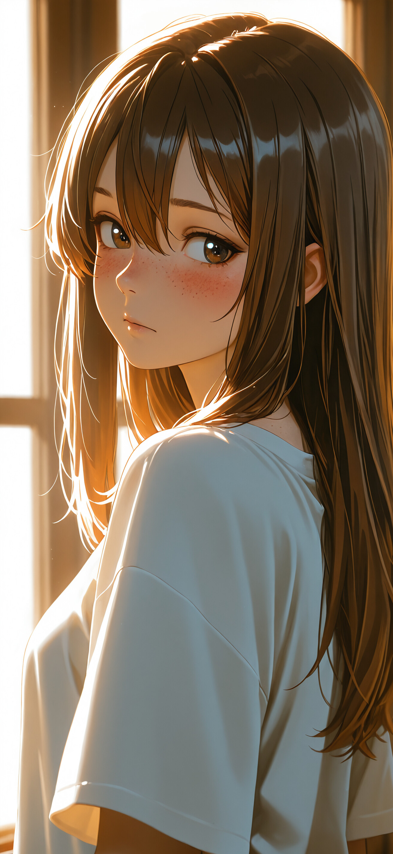 An anime-style illustration of a girl with long brown hair and freckles looking back over her shoulder. She is wearing a white t-shirt and is backlit by bright sunlight from a window.